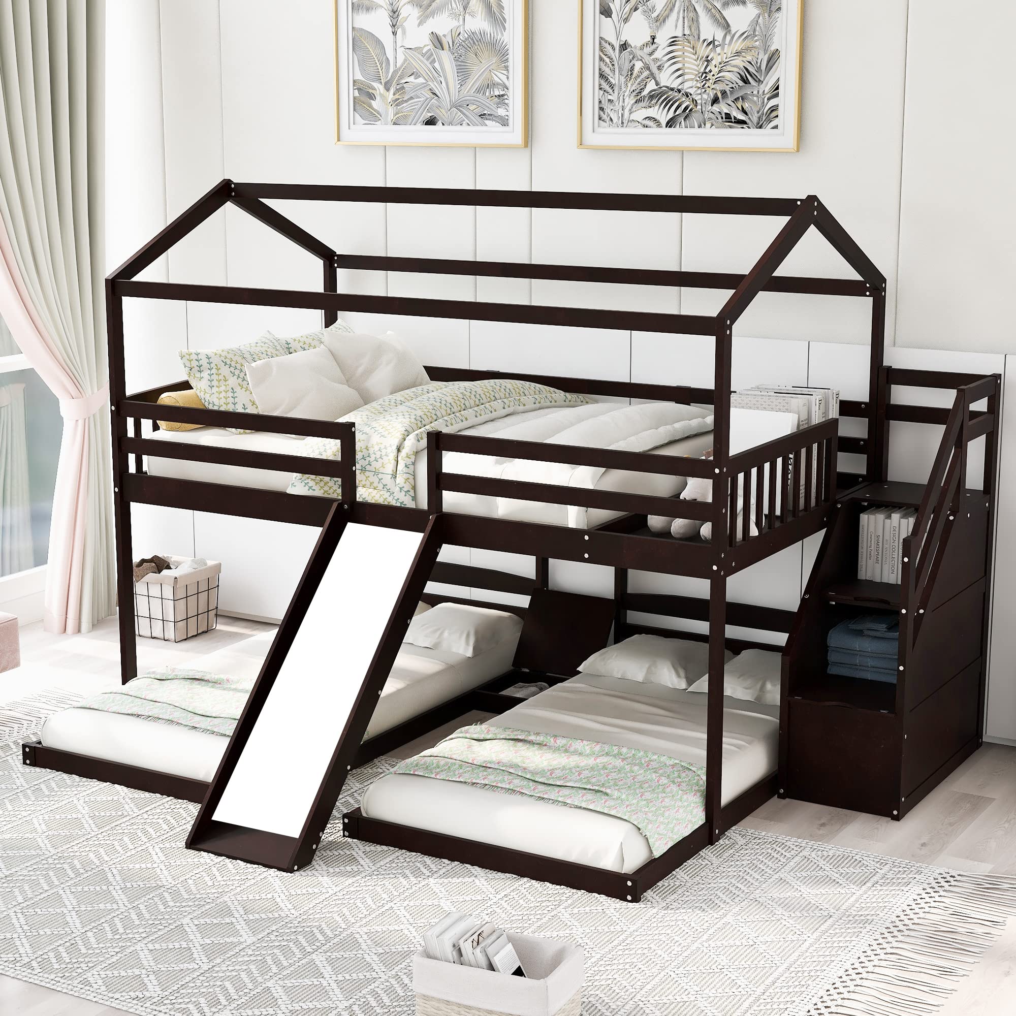 Merax Full Over Twin Triple Bunk Bed with Slide, Storage Staircase, Roof & Guardrail - Solid Wood Loft Bed for 3 Kids - Espresso Finish - Perfect for Kids' Bedrooms, Playrooms & Small Spaces