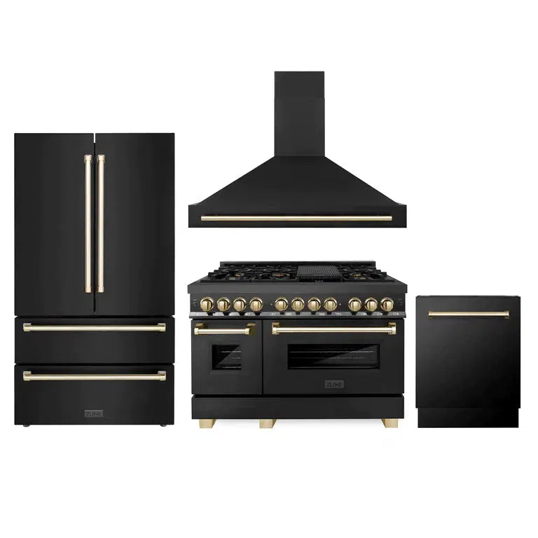 ZLINE Autograph Edition 48-inch Professional Kitchen Package - Black Stainless Steel Dual Fuel Range, Range Hood, Dishwasher & Refrigerator with External Water Dispenser & Polished Gold Accents (4AKPR RABRHDWV48 G) - Perfect for Modern Luxury Kitchens, Restaurant-Style Cooking & Entertaining