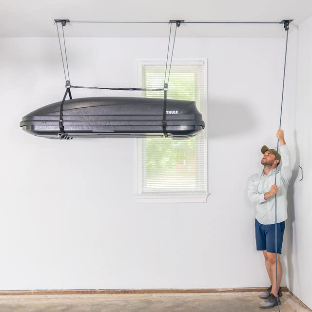 Teal Triangle Elite Cargo Box Storage - Heavy Duty Garage Pulley System & Ceiling Hoist for Home Organization - 150 lbs Capacity - Perfect for Garage Storage, Attic Organization & Outdoor Gear