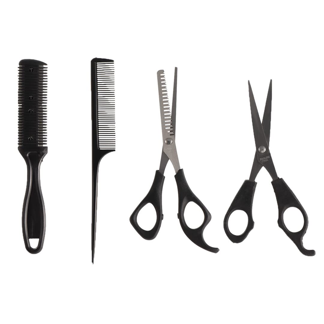 4Pcs Professional Barber Hairdressing Kit - Hair Cutting Scissors, Comb, Thinning Shears & Flat Teeth Styling Tools (Black) | Perfect for Salon, Home Haircuts & Beard Trimming