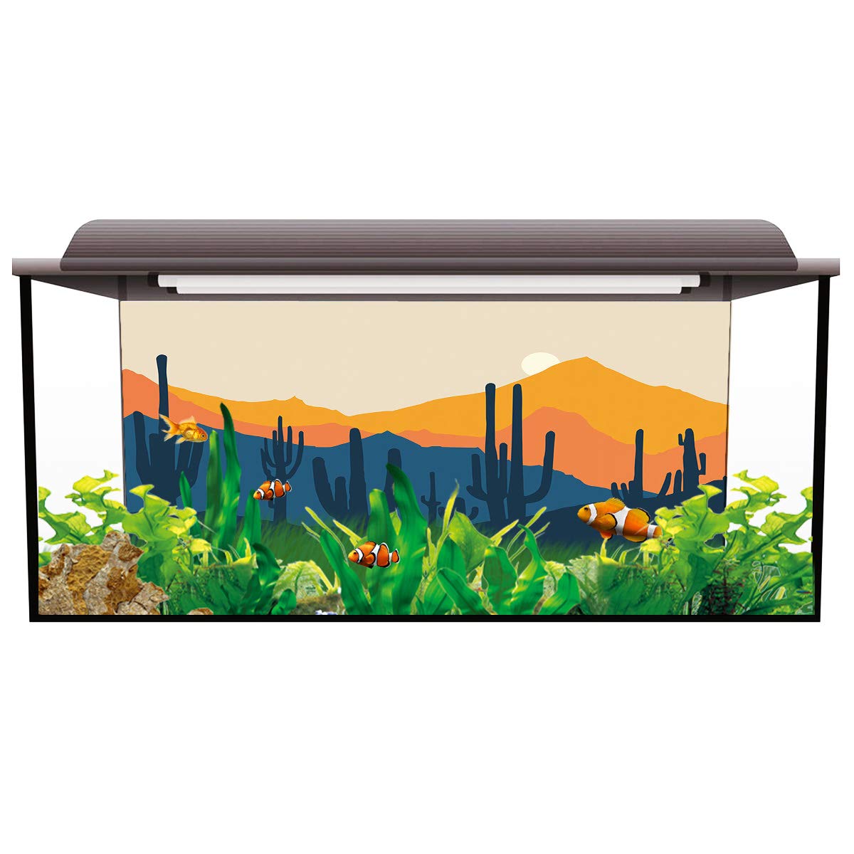 T&H XHome Aquarium Background Sticker - Cartoon Yellow Mountains Desert Sunset PVC Backdrop for Fish & Reptile Tanks (36.4