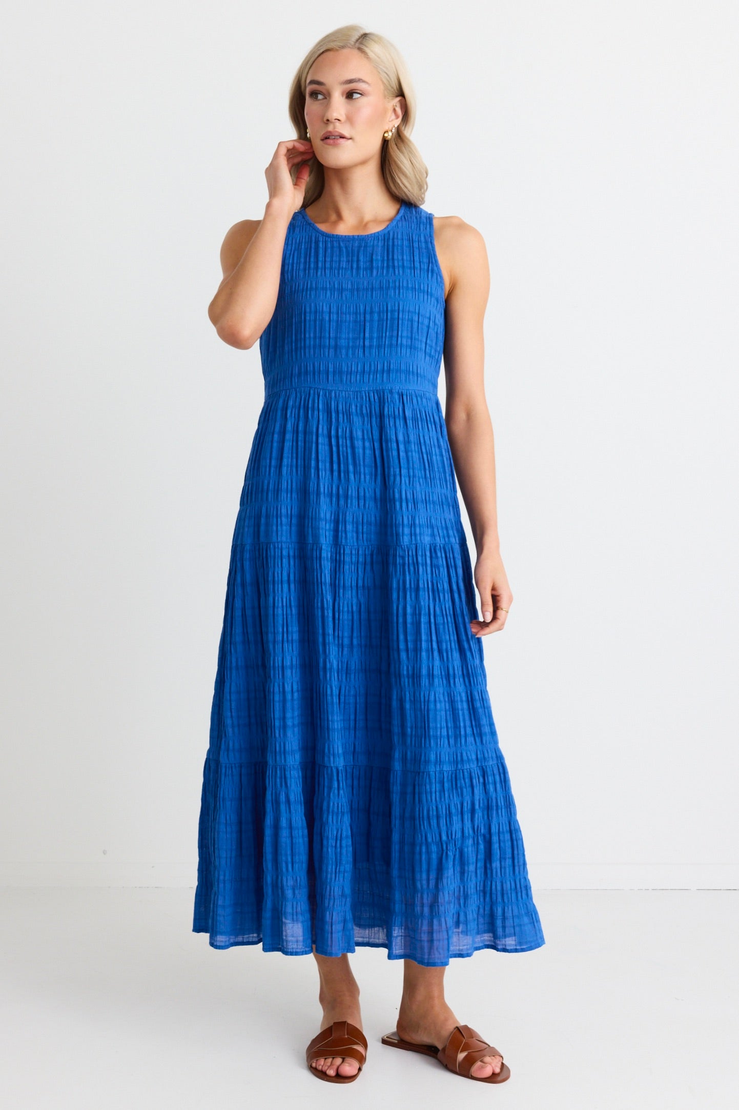 Florentena Cobalt Blue Sleeveless Tiered Maxi Dress for Women | Summer Beach Party & Evening Occasion Wear