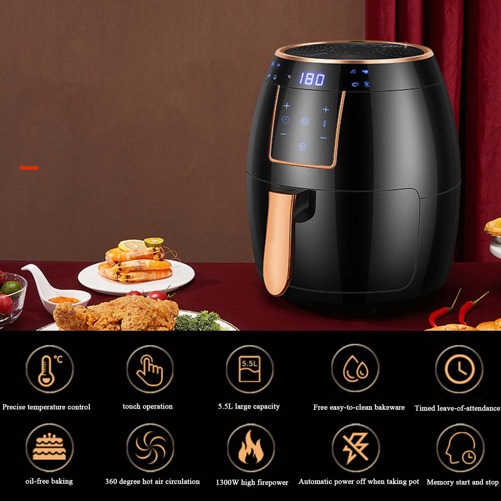 BAIYUN 5.5L Large Capacity Air Fryer - Electric Oil Free Cooker with 50 Free Oil-Absorbing Baking Papers | Meets US/UK/EU Safety Standards | Perfect for Family Meals, Healthy Snacks & Quick Cooking
