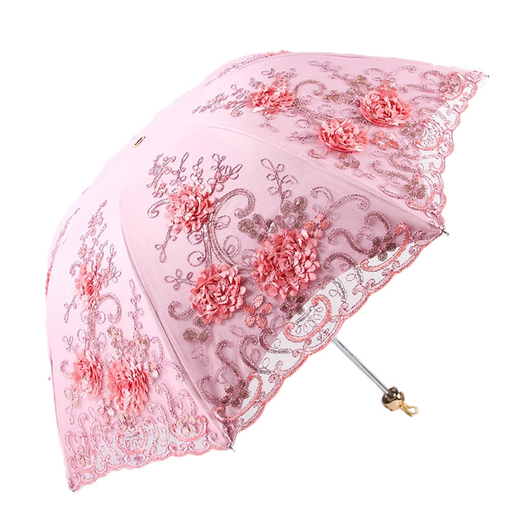 Compact UV Protection Folding Travel Umbrella for Women - UPF 50+ Sunblock Lace Parasol with Black Underside, Lightweight & Portable for Hot Summer Days (Pink) - Perfect for Beach, Outdoor Activities and Daily Sun Protection