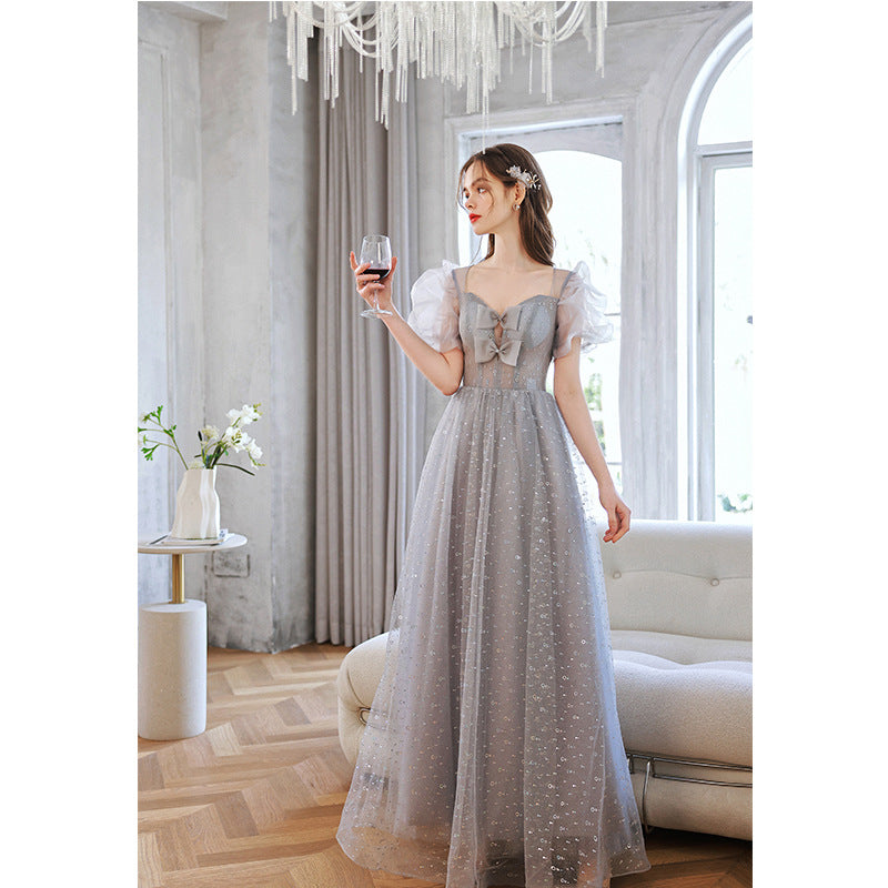 Elegant Gray Puff Sleeves Long Prom Dress - A-Line Tulle Formal Evening Gown for Women - Perfect for Homecoming, Wedding Guest, and Special Occasions