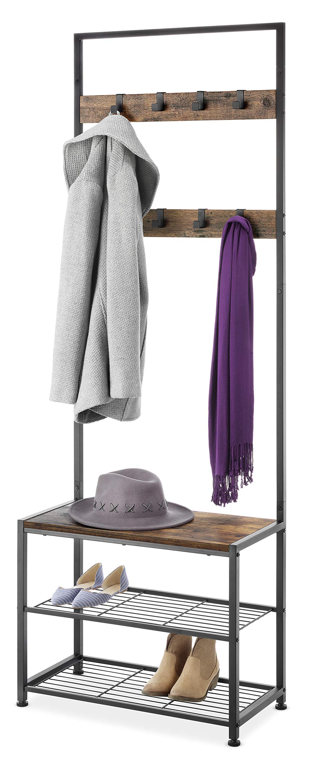 Whitmor Modern Industrial Coat Rack with Shoe Storage - Rustic Brown Hall Tree for Entryway - Perfect for Small Spaces, Apartments & Mudroom Organization