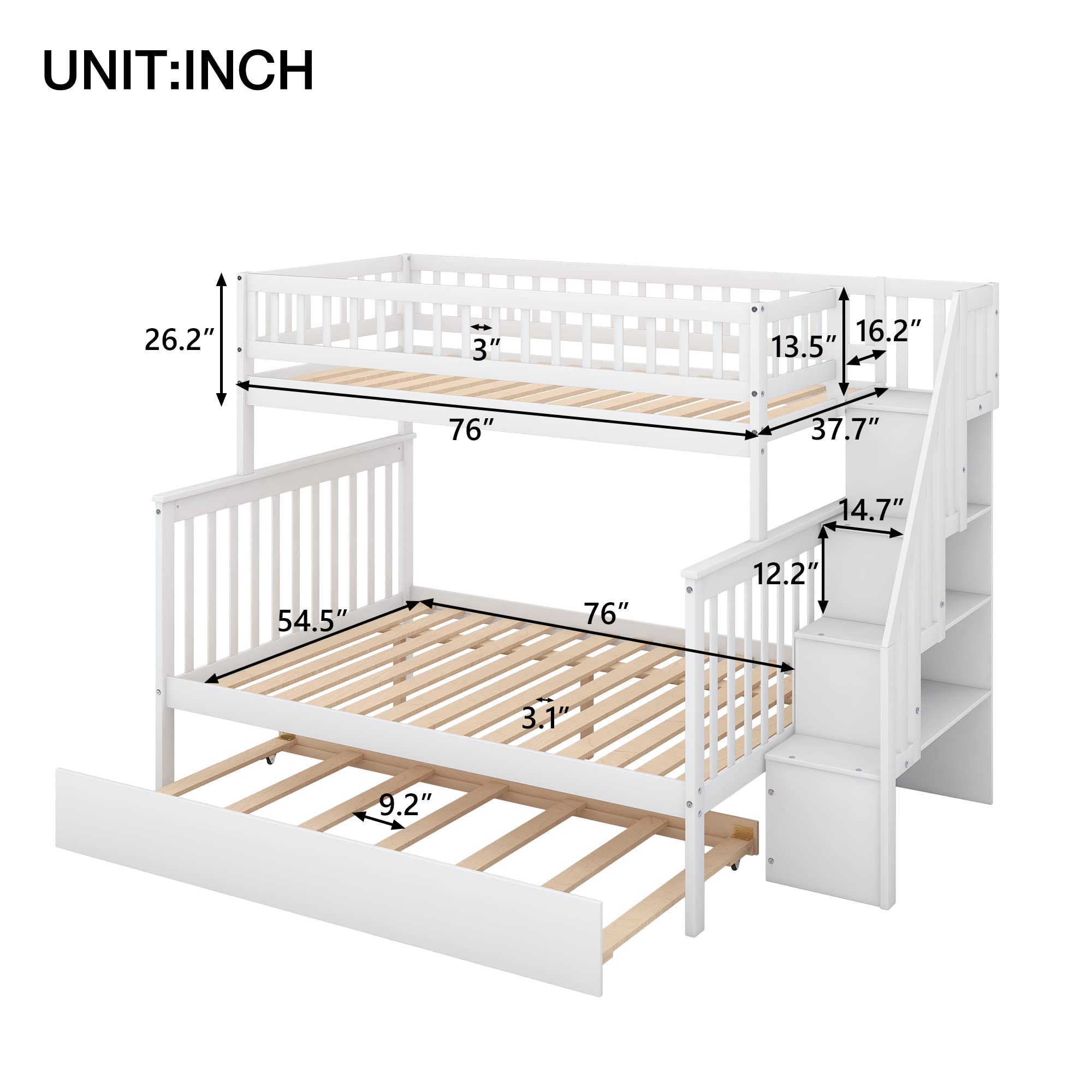 Harper & Bright Designs Twin Over Full Bunk Bed with Trundle, Stairs & Storage - Solid Wood Kids Bunk Bed with Full-Length Safety Rails - Space-Saving Solution for Small Rooms, Sleepovers & Guest Bedrooms (White)