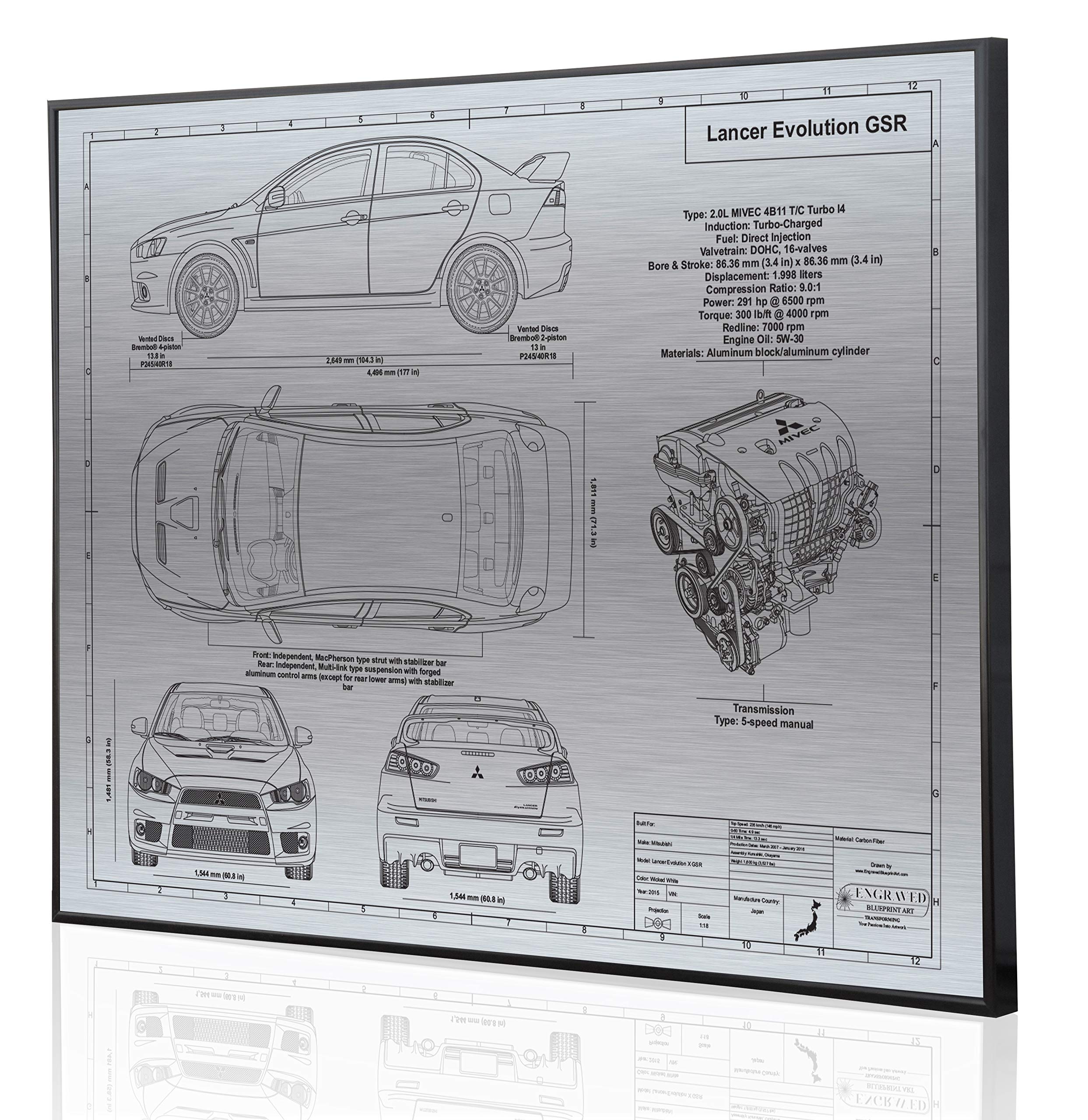 Mitsubishi Lancer Evolution X Blueprint Artwork - Laser Engraved Custom Car Decor - Perfect Gift for Mitsubishi Enthusiasts - Home Office Wall Art & Man Cave Decor