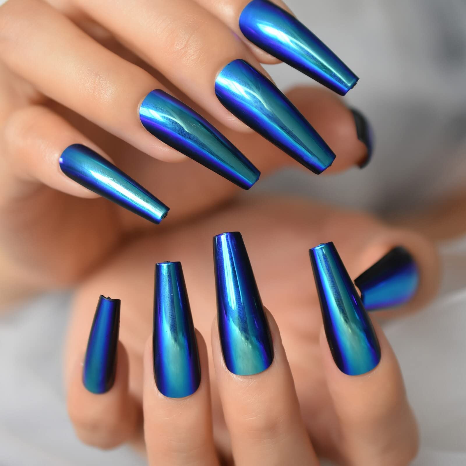 Chrome Metallic Blue Press On Nails - Extra Long Coffin Ballerina Fake Nails Set with Mirror Finish | Acrylic False Nails for Women | Perfect for Parties, Weddings & Special Occasions