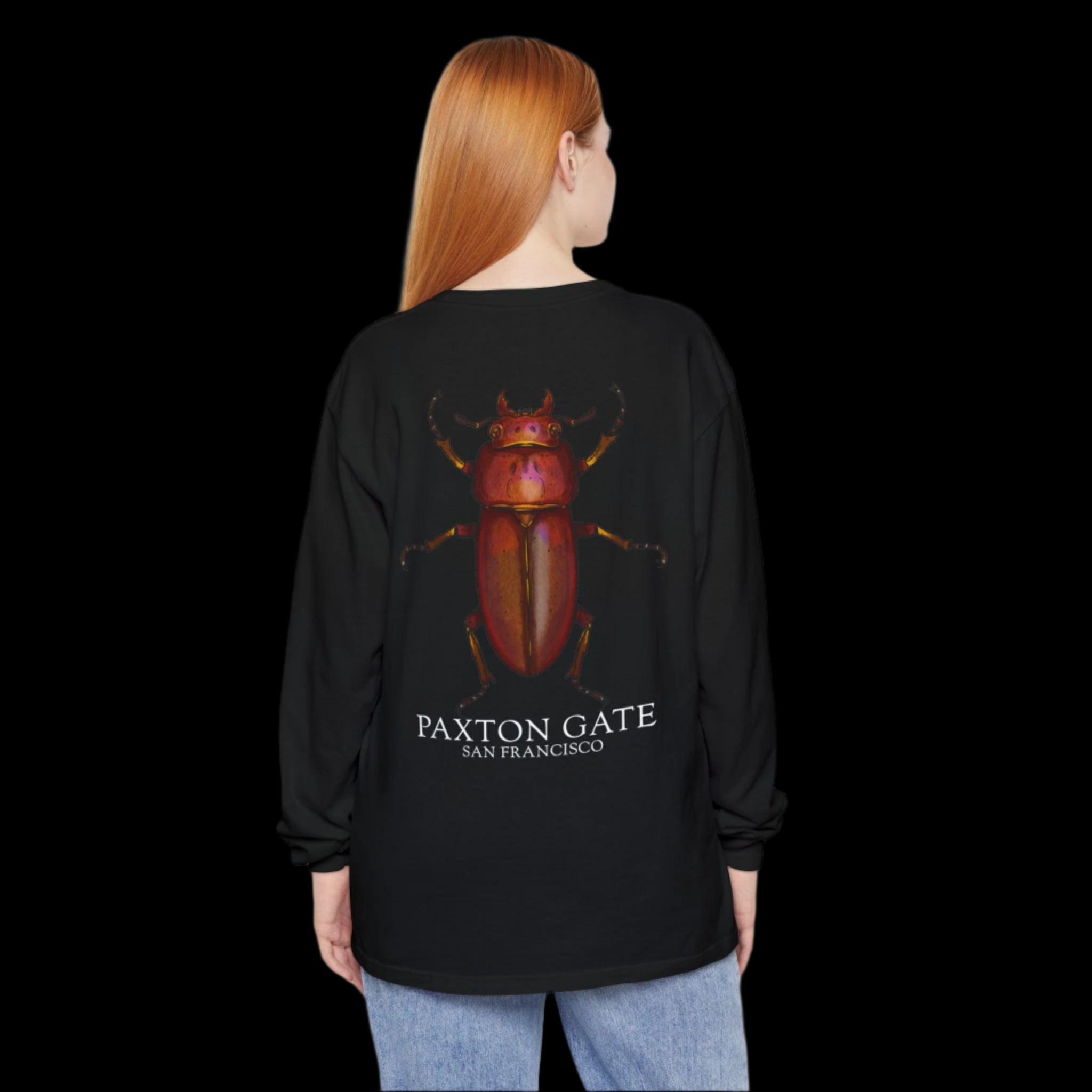 Unisex Paxton Gate Red Stag Beetle Long Sleeve T-Shirt by Kris Struble - Gothic Nature Inspired Fashion for Men & Women | Perfect for Halloween, Cosplay, and Alternative Style Lovers