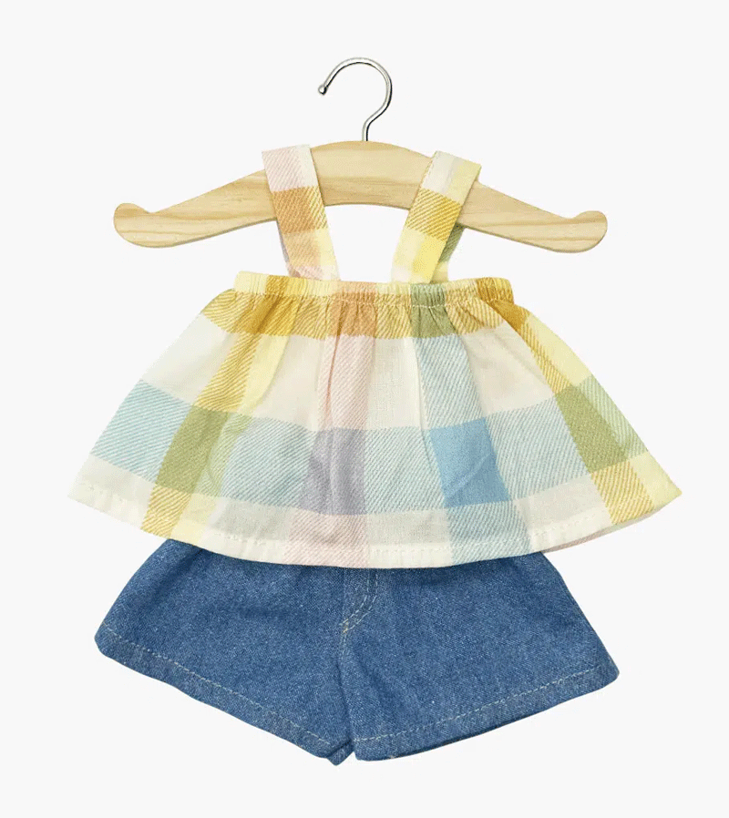 Minikane Pastel Tartan Check Top & Denim Shorts Set - Cute Baby Doll Outfit for Photoshoots, Parties & Nursery Decor