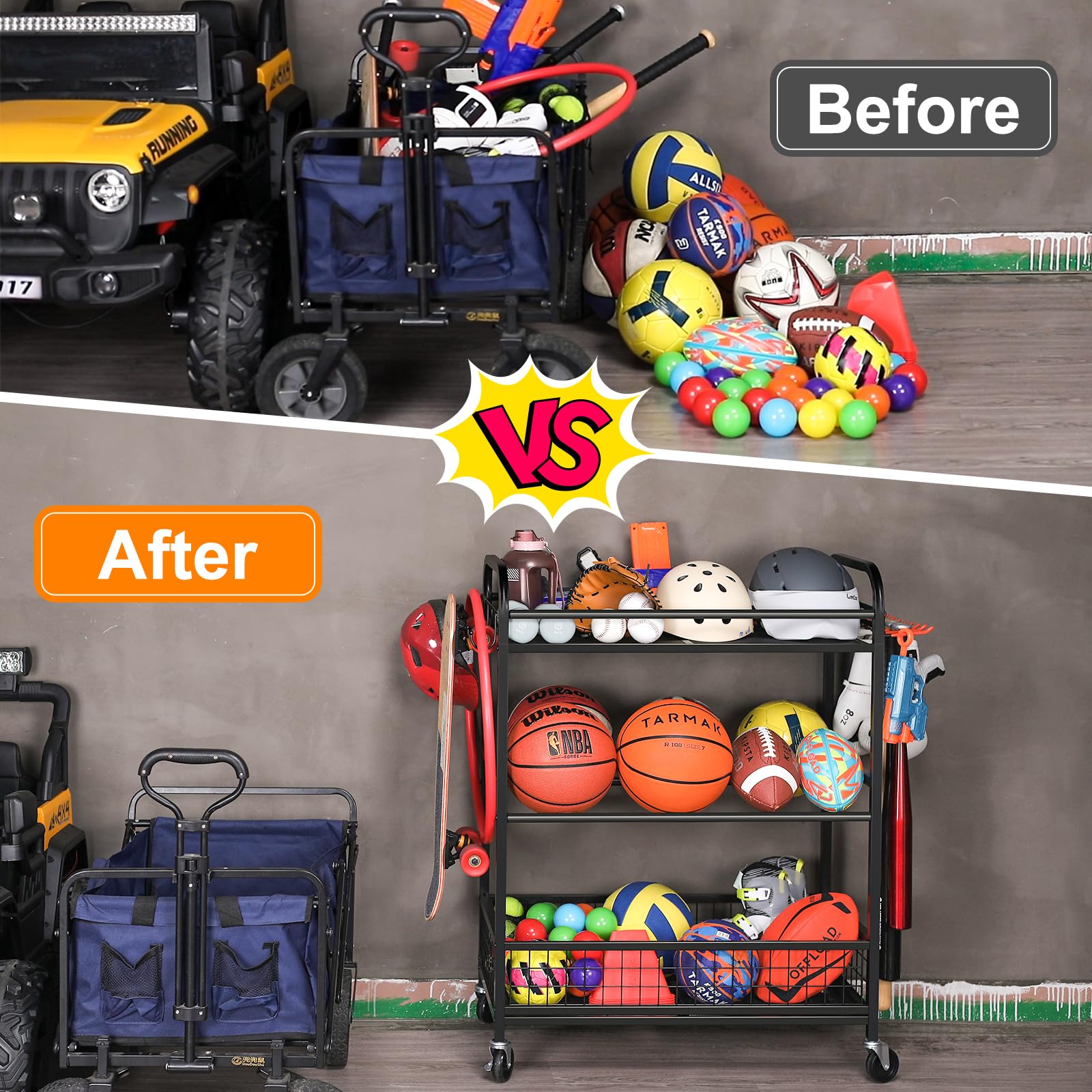 Portable Rolling Ball Storage Cart with Wheels & Hooks - Sports Equipment Organizer for Basketball, Baseball, Soccer Balls - Perfect for Garage, Gym, Playroom & Outdoor Gear Storage