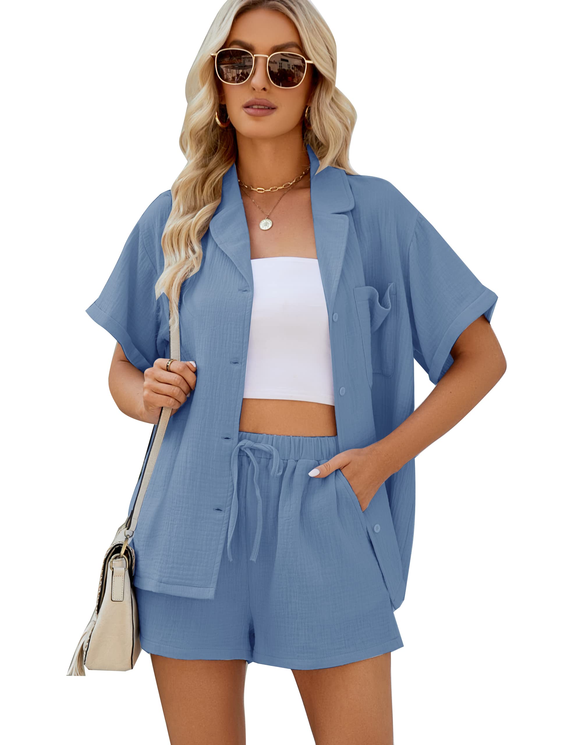 Flygo Women's 2 Piece Outfits - Short Sleeve Linen Shirt & Elastic Waist Shorts Set | Summer Casual Wear for Beach, Travel & Daily Outings