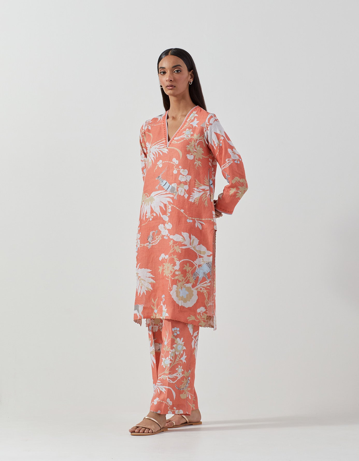 Stylish V Neck Kurta for Women - Soft Linen Fabric in Coral - Perfect for Casual Wear, Summer Outfits, and Boho Fashion