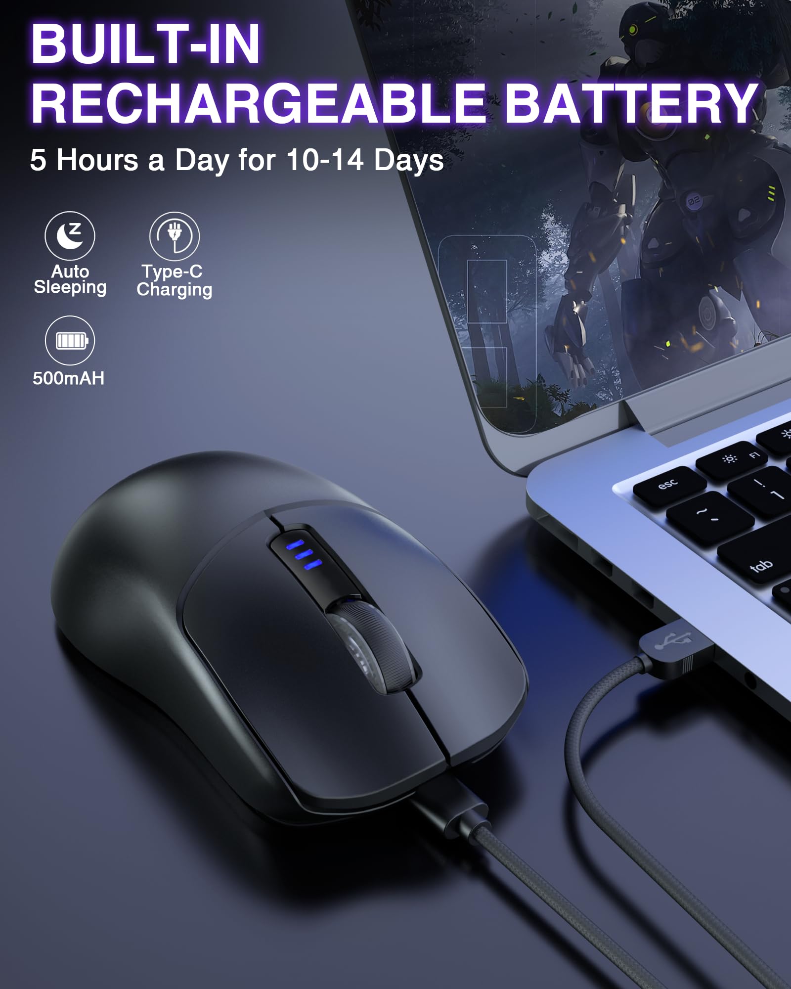 AULA SC580 Wireless Gaming Mouse - Tri-Mode 2.4G/BT5.0/USB-C, 12000 DPI Rechargeable, 6 Programmable Buttons, Ergonomic Design for PC, Laptop, Mac & Tablet | Perfect for FPS, MOBA Games & Office Work