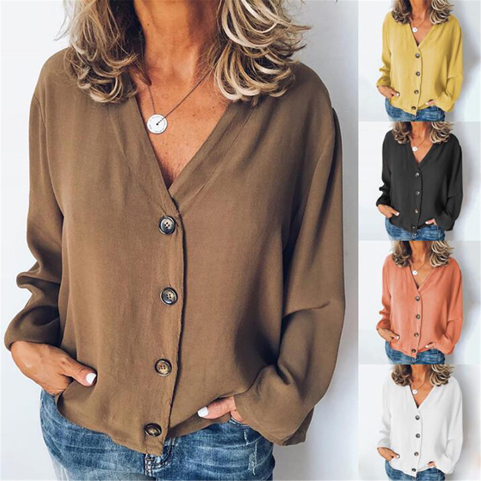 Andongnywell Women's Long Sleeve V-Neck Button Down Blouse - Solid Color Casual Shirt for Work, Office & Everyday Wear | Cardigan Style Top for Fall & Winter Outfits