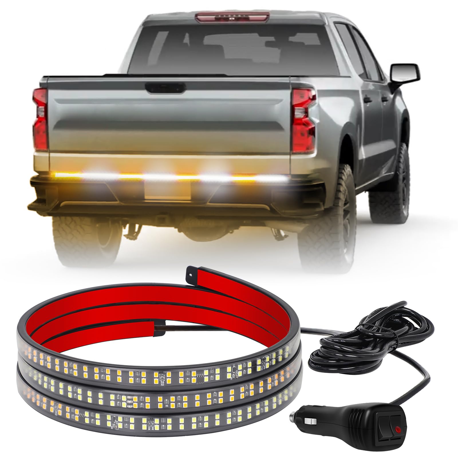 60 Inch Truck Strobe Light Strip - 360 LED Amber & White Emergency Warning Lights for Tailgate/Rear Window - Heavy Duty Safety Flashing Lights for Plow Trucks, Construction Vehicles, Pickup Trucks - Ideal for Roadside Emergencies, Snow Plowing & Nighttime Visibility