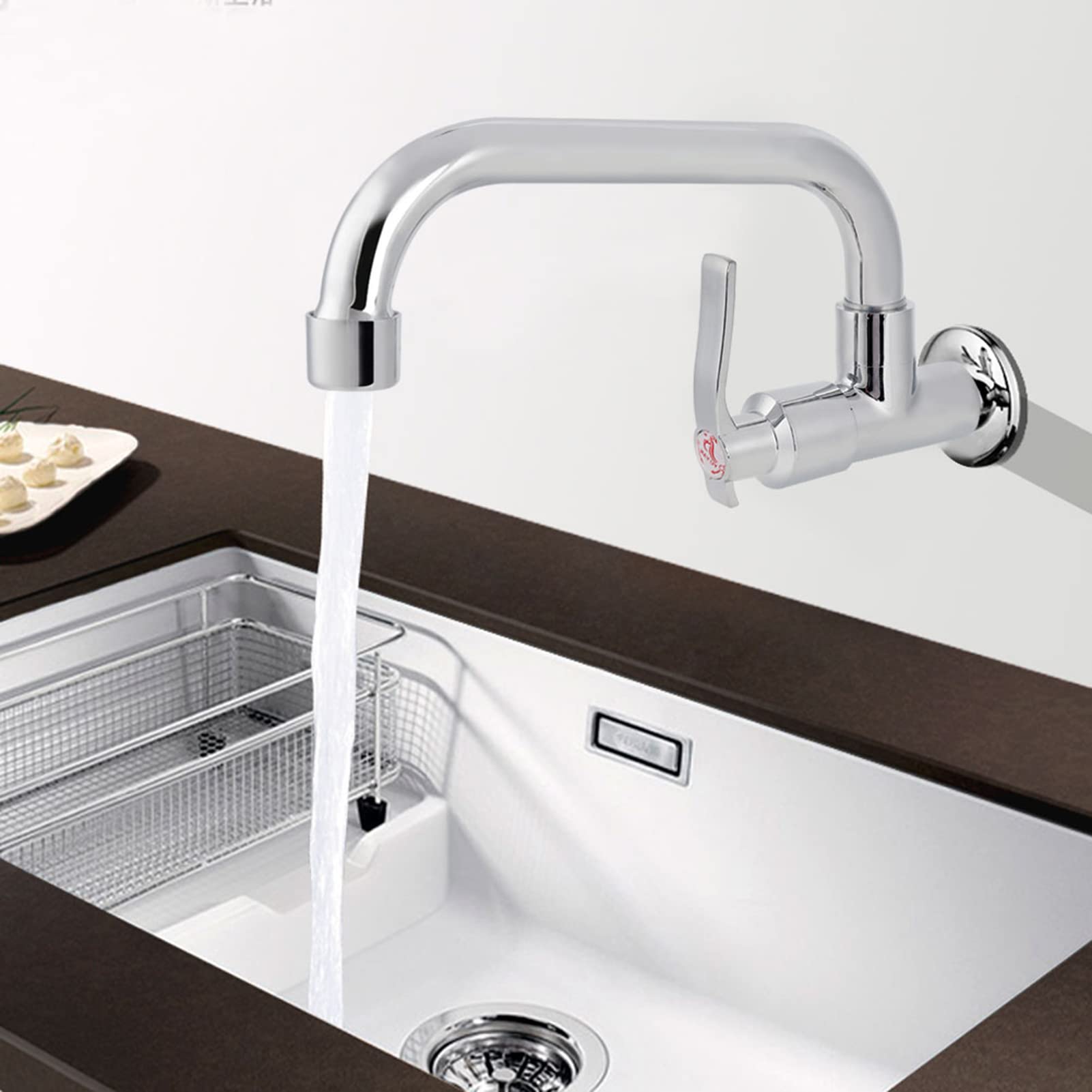 Stainless Steel Wall Mount Kitchen Faucet with Pull Down Sprayer - 9.8 Inch Silver Cold Water Tap for Sink Basin - Perfect for Small Kitchens, RV, Tiny Homes & Outdoor Use
