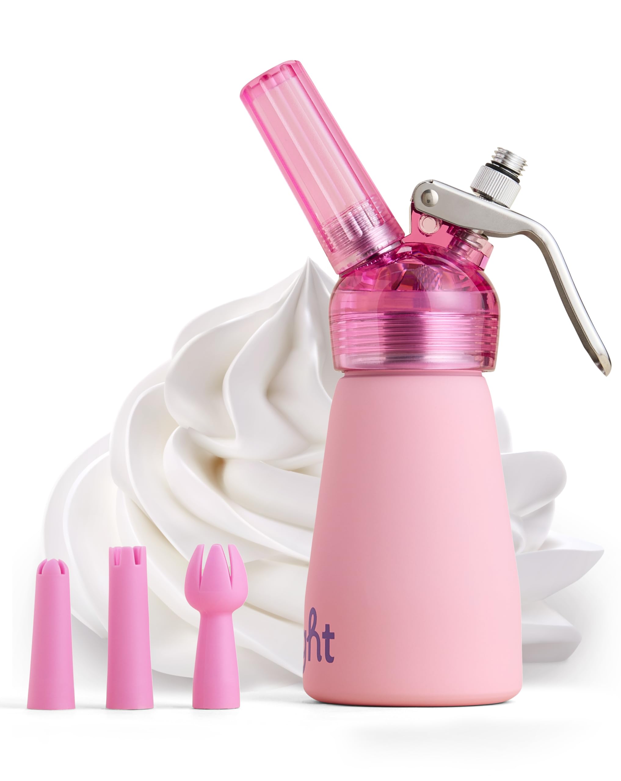 Premium Aluminum Whipped Cream Dispenser with 4 Nozzles & Cleaning Brush - Transparent Head Whipped Cream Maker for Home Baking - Easy to Use & Clean Half Pint Pink Dessert Decorator - Perfect for Cakes, Coffee, Milkshakes & DIY Desserts