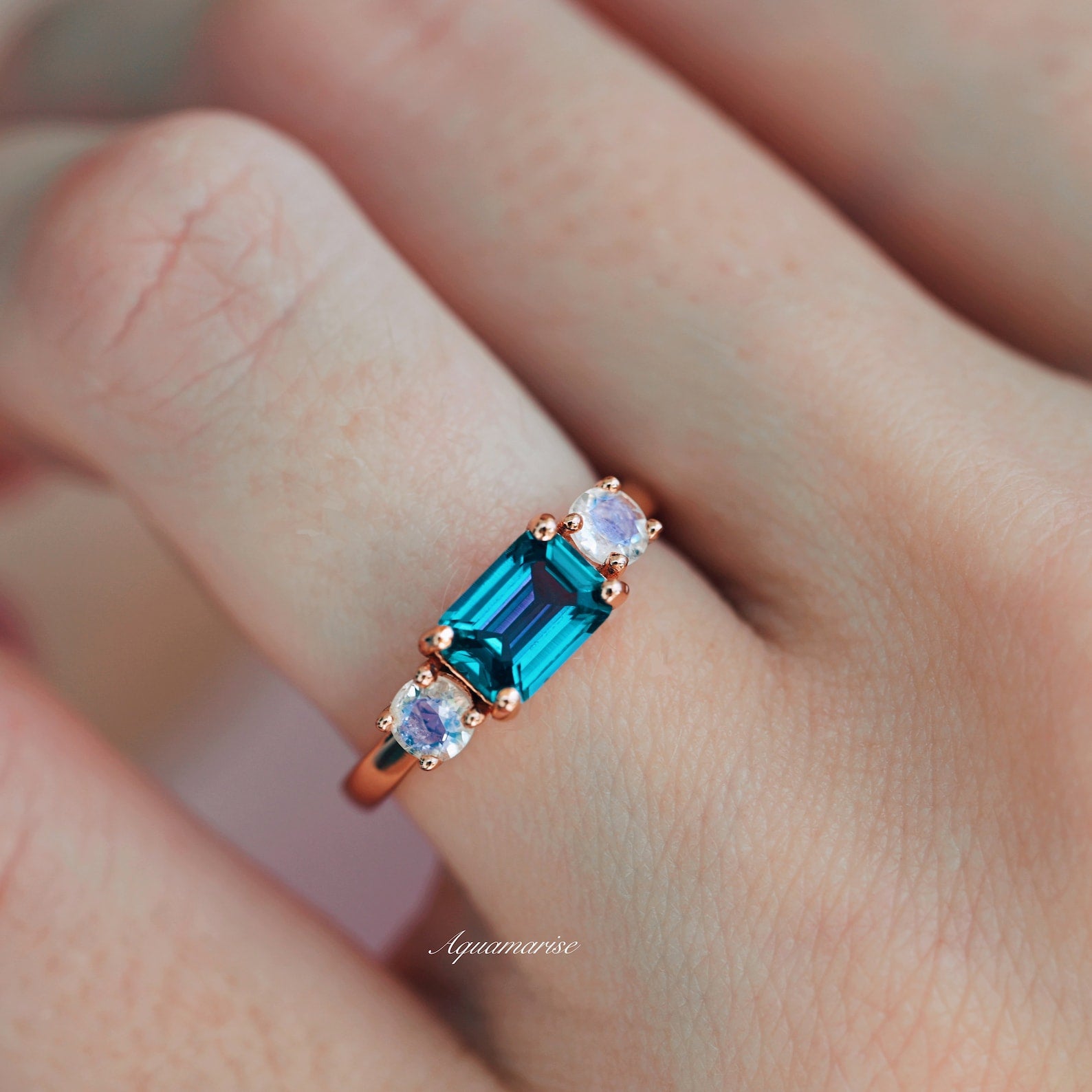 Minimalist Alexandrite & Moonstone Ring - 14K Rose Gold Vermeil Jewelry for Women | Elegant Everyday Wear & Special Occasion Gift