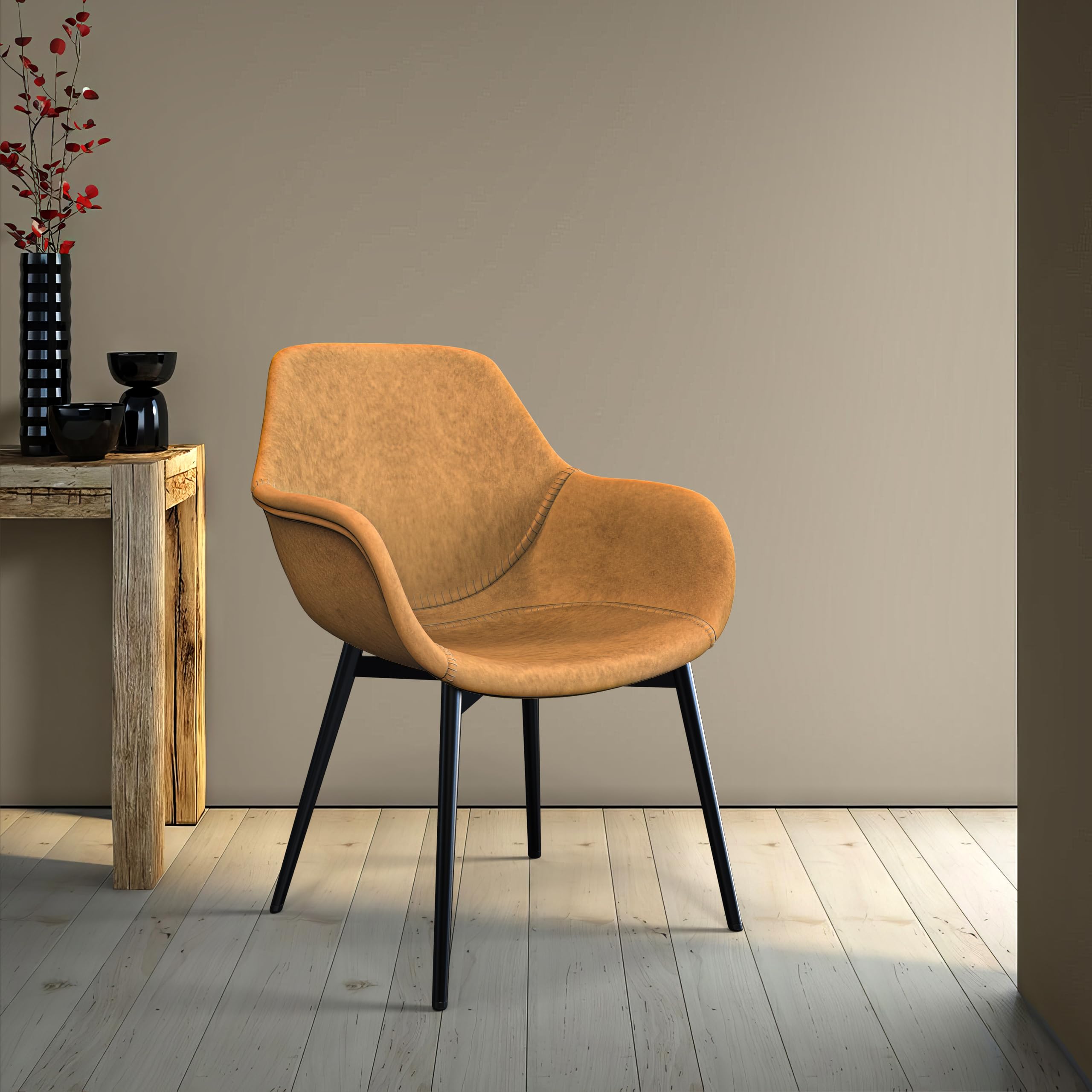 Modern Leather Dining Chairs Set of 2 - LeisureMod Markley Kitchen Armchairs with Sturdy Metal Legs in Light Brown - Perfect for Dining Room, Kitchen Island & Contemporary Home Decor