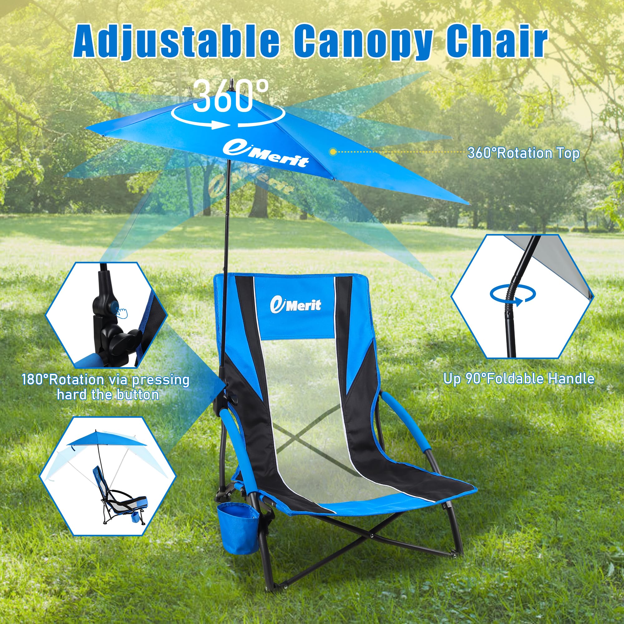 EMERIT Low Beach Chairs for Adults - Portable Folding Backpack Camping Chair with Cup Holder & Umbrella | Lightweight Outdoor Lounge Chair for Beach, Pool, Picnic, Backyard, and Travel