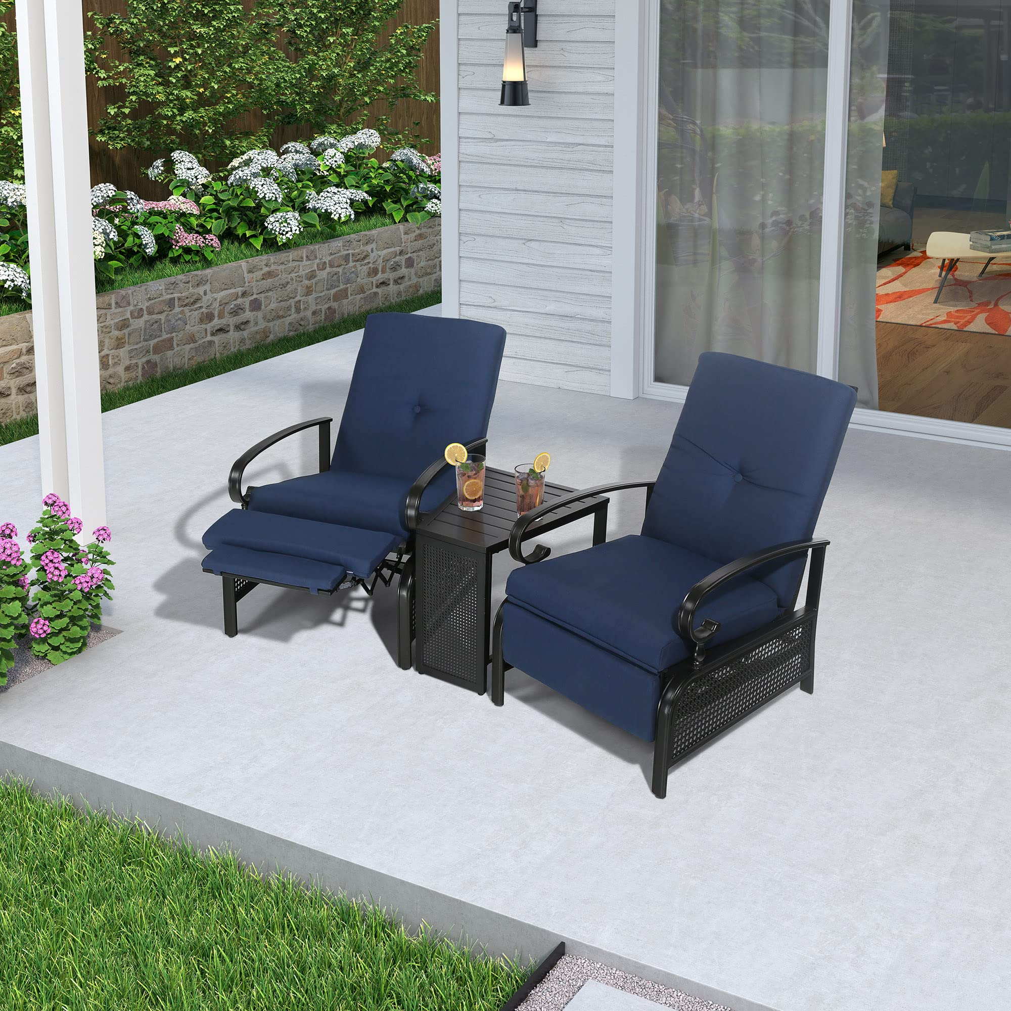 3-Piece Outdoor Patio Furniture Set with 2 Adjustable Reclining Chairs & Slatted Side Table - Navy Blue Cushions Included | Perfect for Backyard, Poolside & Garden Relaxation (IW147320)