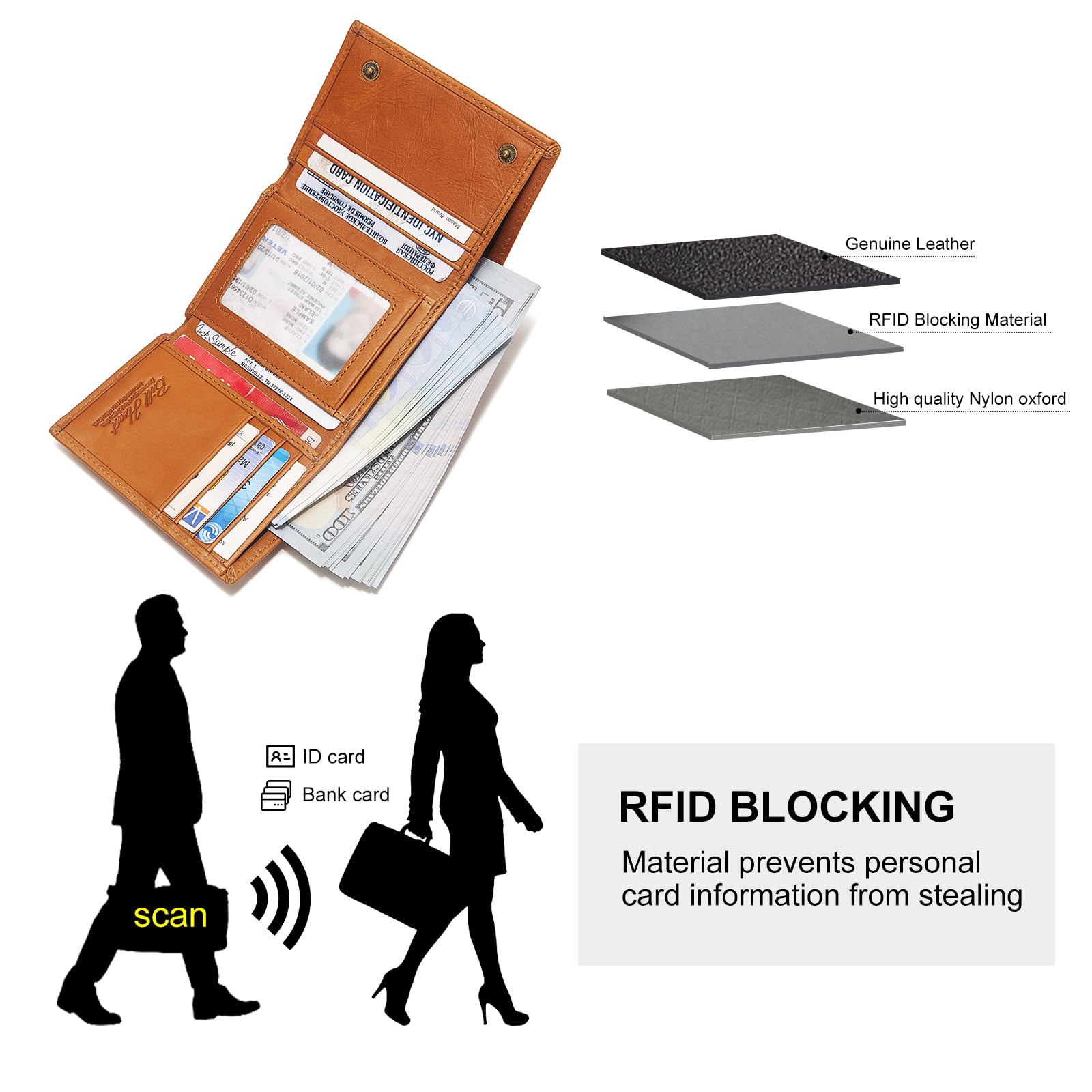 Men's Genuine Leather Biker Trifold Wallet with RFID Blocking & Anti-Theft Chain - Brown RFID Blocking Wallet with Coin Pocket for Motorcycle Riders & Travel Security