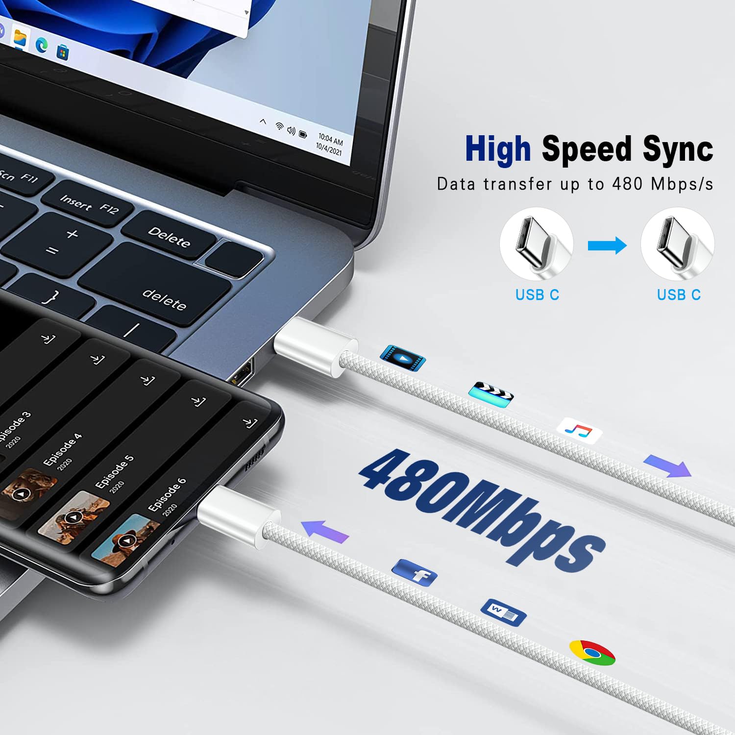 OCEEK 60W USB C to USB C Fast Charging Cable 2-Pack (1.8M) - Braided Type C Charger for iPhone 15/Plus/Pro/Pro Max, MacBook Pro, Galaxy S23 Ultra, Pixel, Nintendo Switch, LG Phones | Perfect for Home, Office & Travel Charging