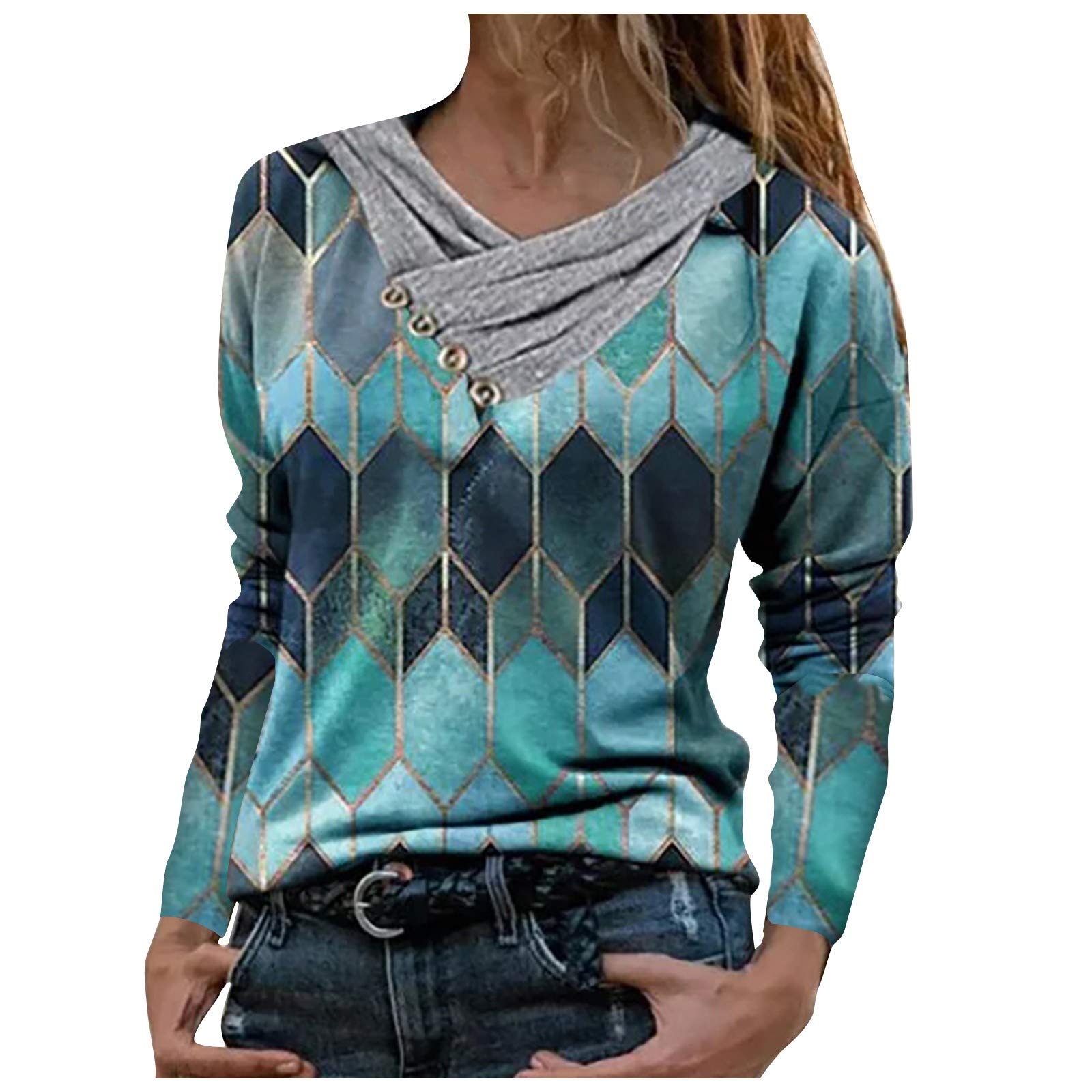 SALIFUN Women's Long Sleeve Plaid Printed V-Neck Tunic Top - Lightweight Casual Blouse & Sweatshirt for Work, Fall Outfits & Everyday Wear