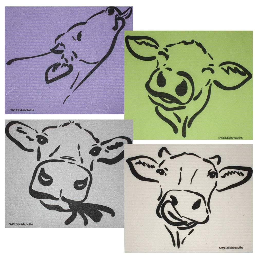 Eco-Friendly Cellulose Sponge Dish Towels Set of 4 - Reusable Swedish Dish Cloths with Cow Silhouette Design for Kitchen Cleaning, Dish Drying & Household Chores