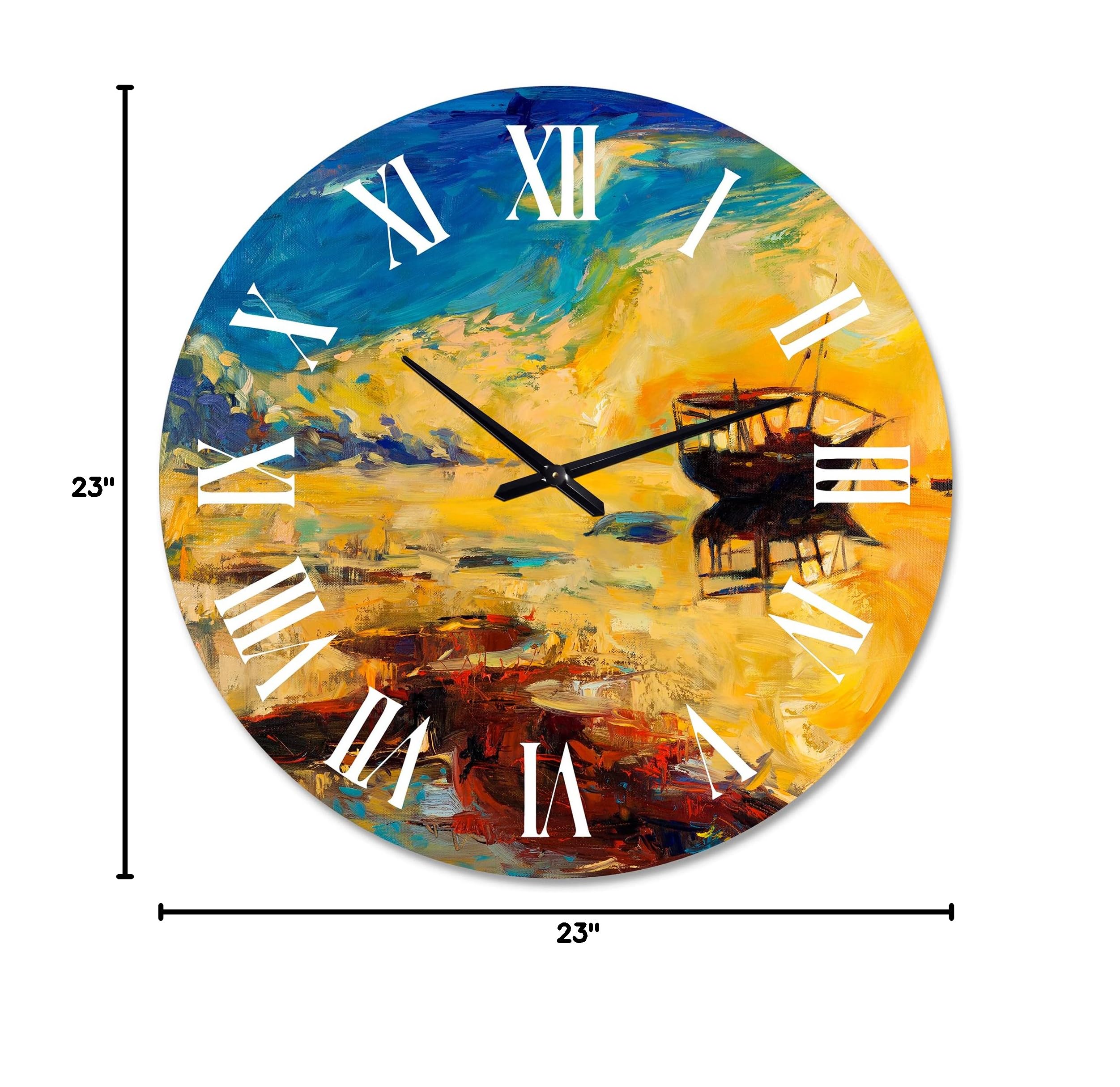 DesignQ Nautical Coastal Wall Clock - Large Sunset Boat Ocean Horizon Decor for Kitchen, Living Room, Bedroom & Office | Nature Landscape Wall Art