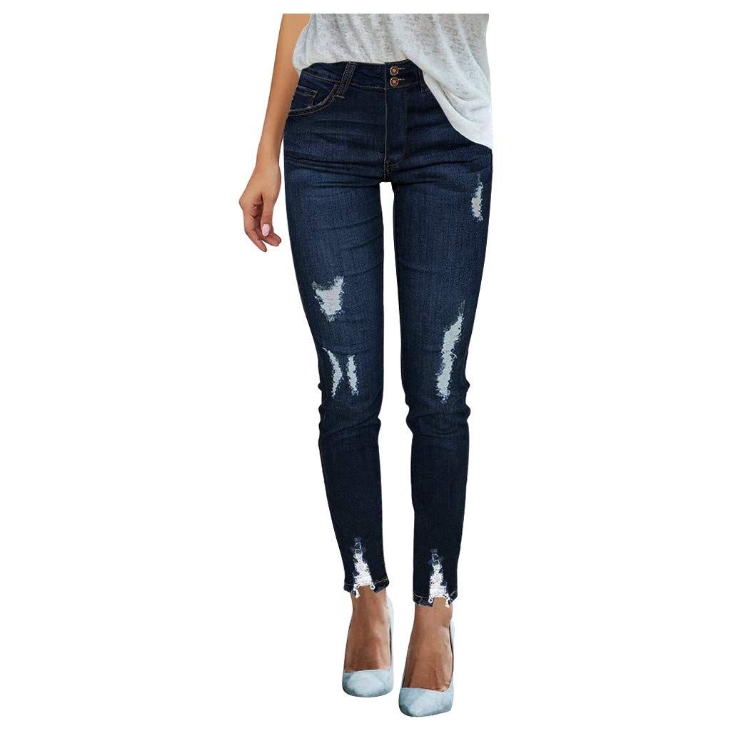 90s Stretch Women's Skinny Jeans with Distressed Holes - High Waist Slim Fit Denim Pants for Casual Wear & Golf Outings