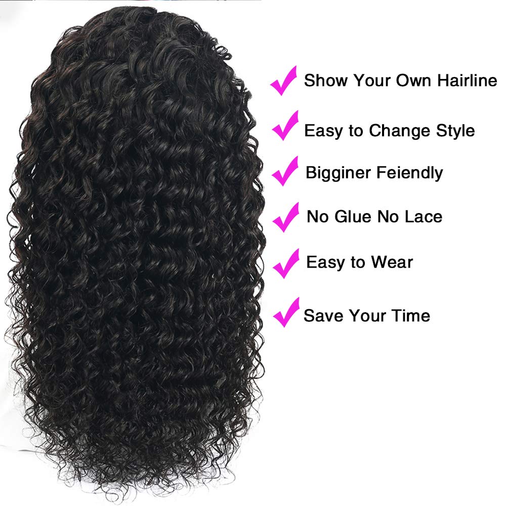 20 Inch Water Wave Human Hair Wigs for Women - Brazilian Virgin Hair Glueless Wavy Wig with Free Headbands, Non Lace Front Protective Style 180% Density - Perfect for Daily Wear, Parties & Protective Styling