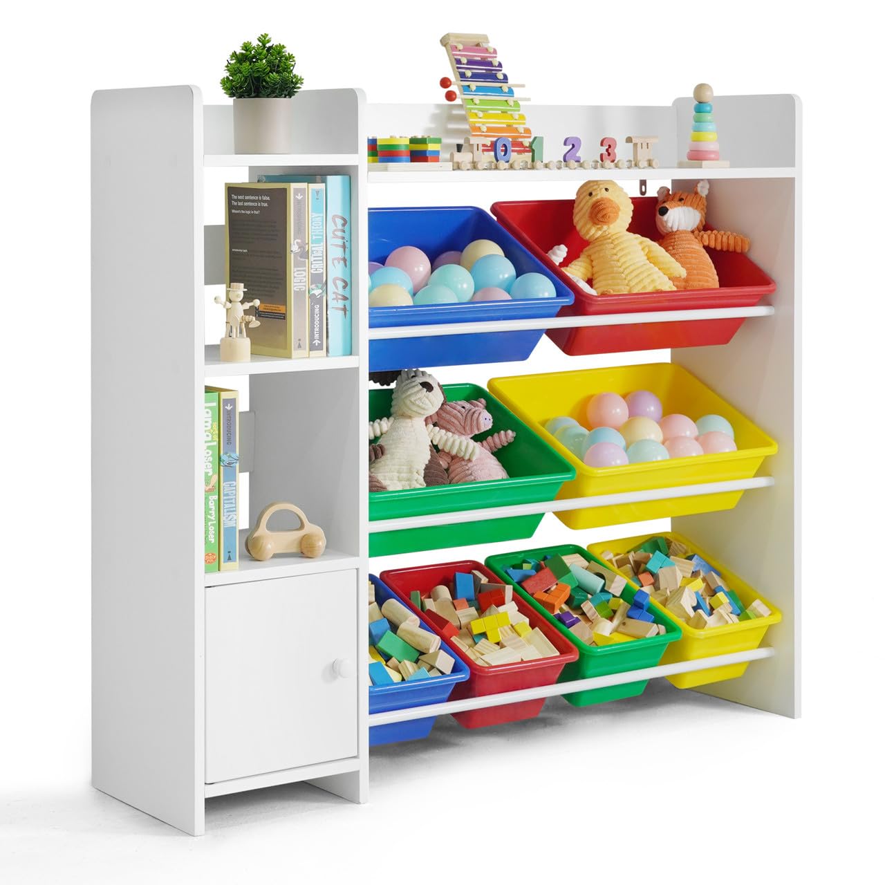 8-Bin Plastic Toy Organizer with Fence Design - Kids Playroom Storage Cabinet for Toys, Books & Clutter - Durable Multi-Color Storage Solution for Toddlers (Perfect for Bedrooms, Daycares & Play Areas)