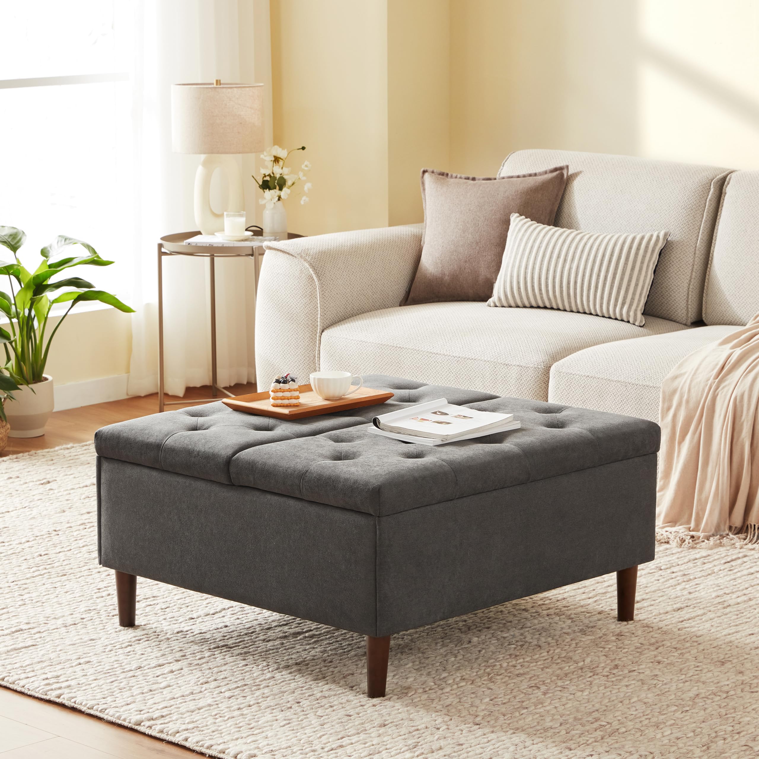 35 Inch Extra Large Storage Ottoman Coffee Table - Oversized Square Tufted Upholstered Ottoman with Hidden Storage | Dark Grey Fabric Ottoman Bench for Living Room, Bedroom & Home Office | Perfect for Extra Seating, Blanket Storage & Footrest