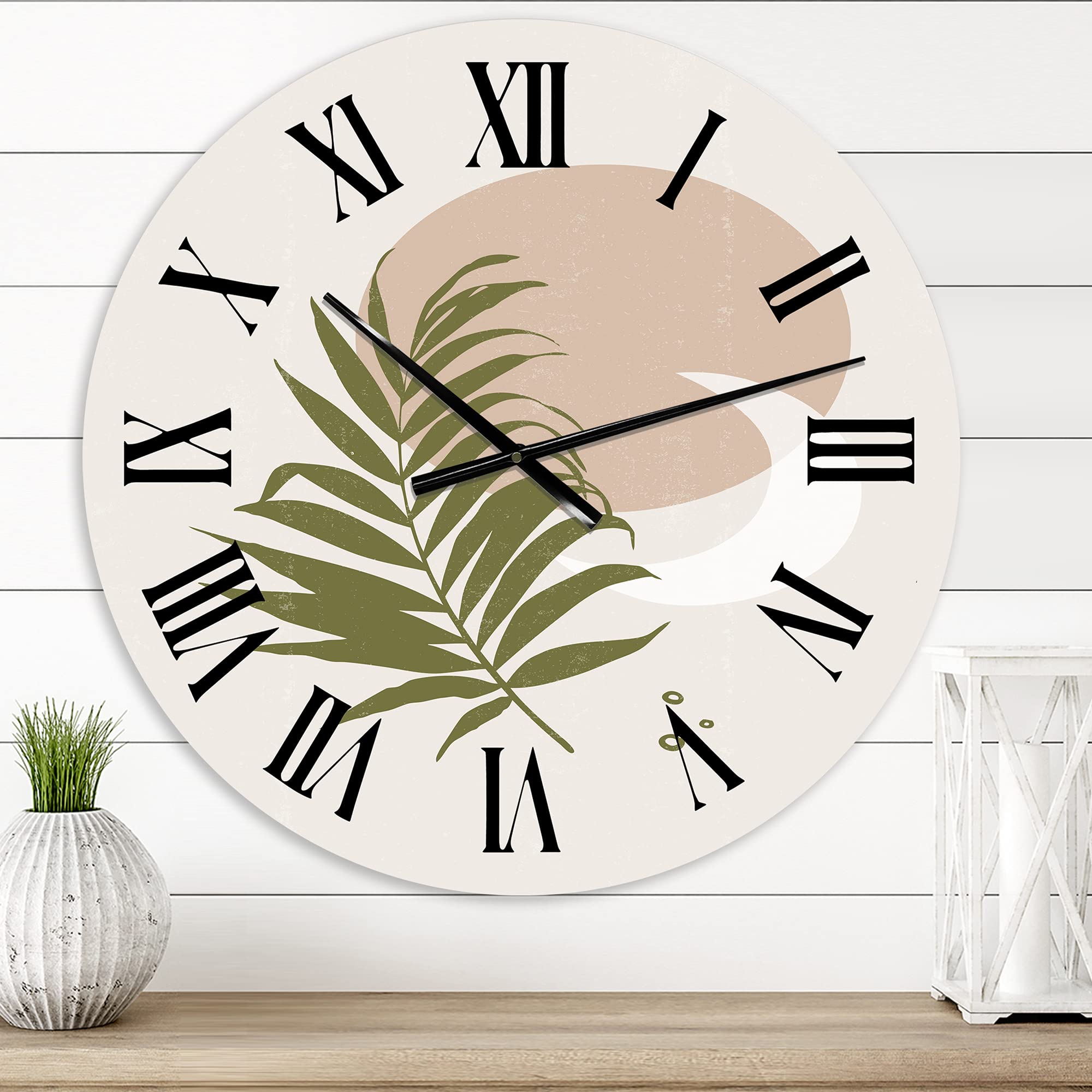 DesignQ Modern Abstract Sun and Moon Wall Clock with Green Leaf - Large Fractal Art Home Decor for Living Room, Bedroom & Office