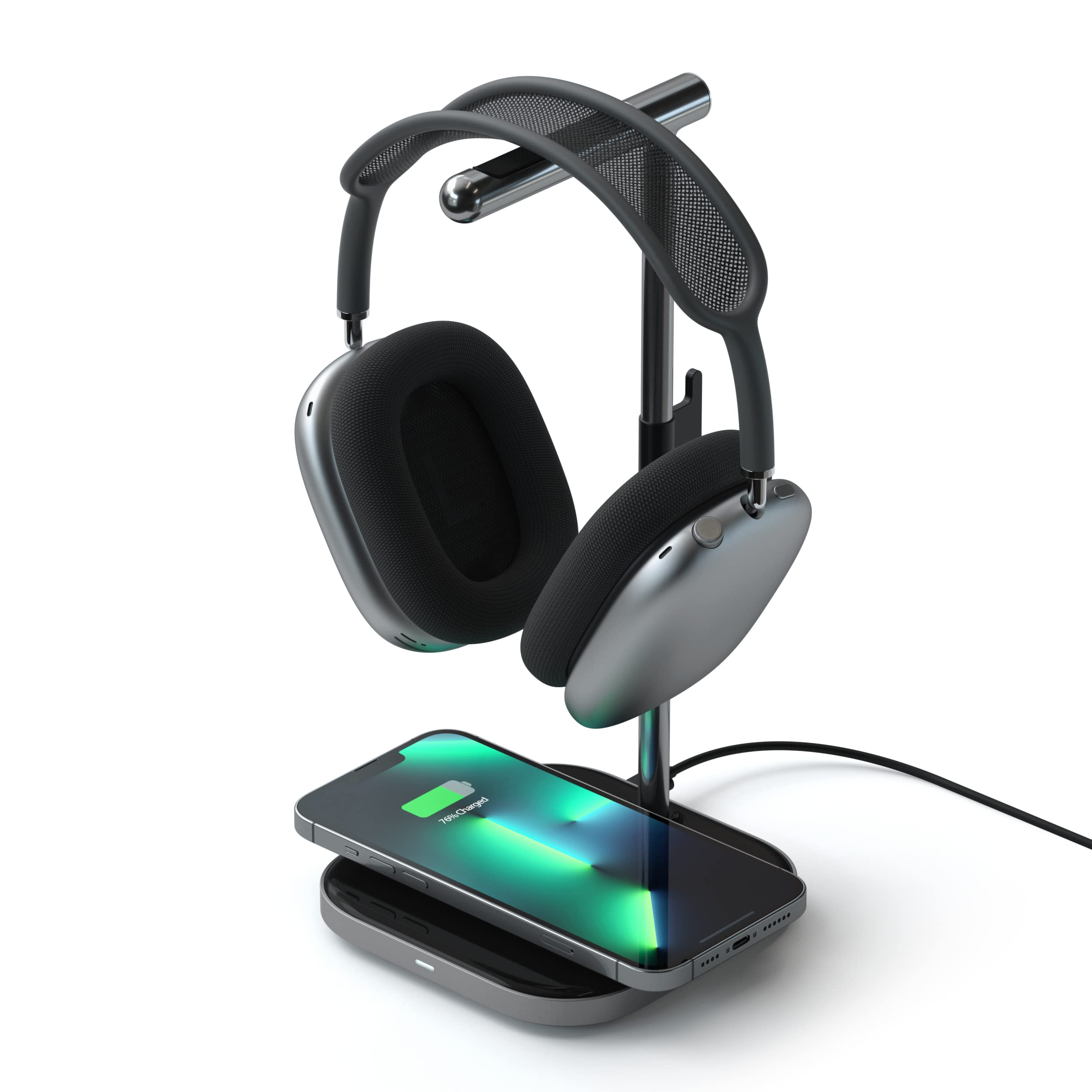 Satechi 2-in-1 Headphone Stand with Wireless Charger - USB-C Charging Station & Magnetic Qi Charger for iPhone 16/15/14/13/12 Series - Perfect for Home Office, Gaming Setup and Nightstand Charging