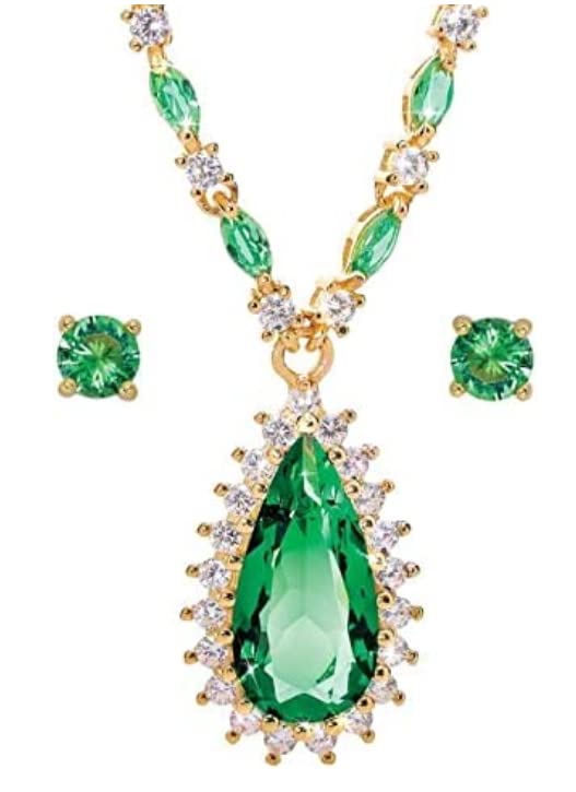 Stauer Women's Emerald Green Helenite Teardrop Necklace & Stud Earrings Set - Elegant Jewelry for Weddings, Parties & Special Occasions