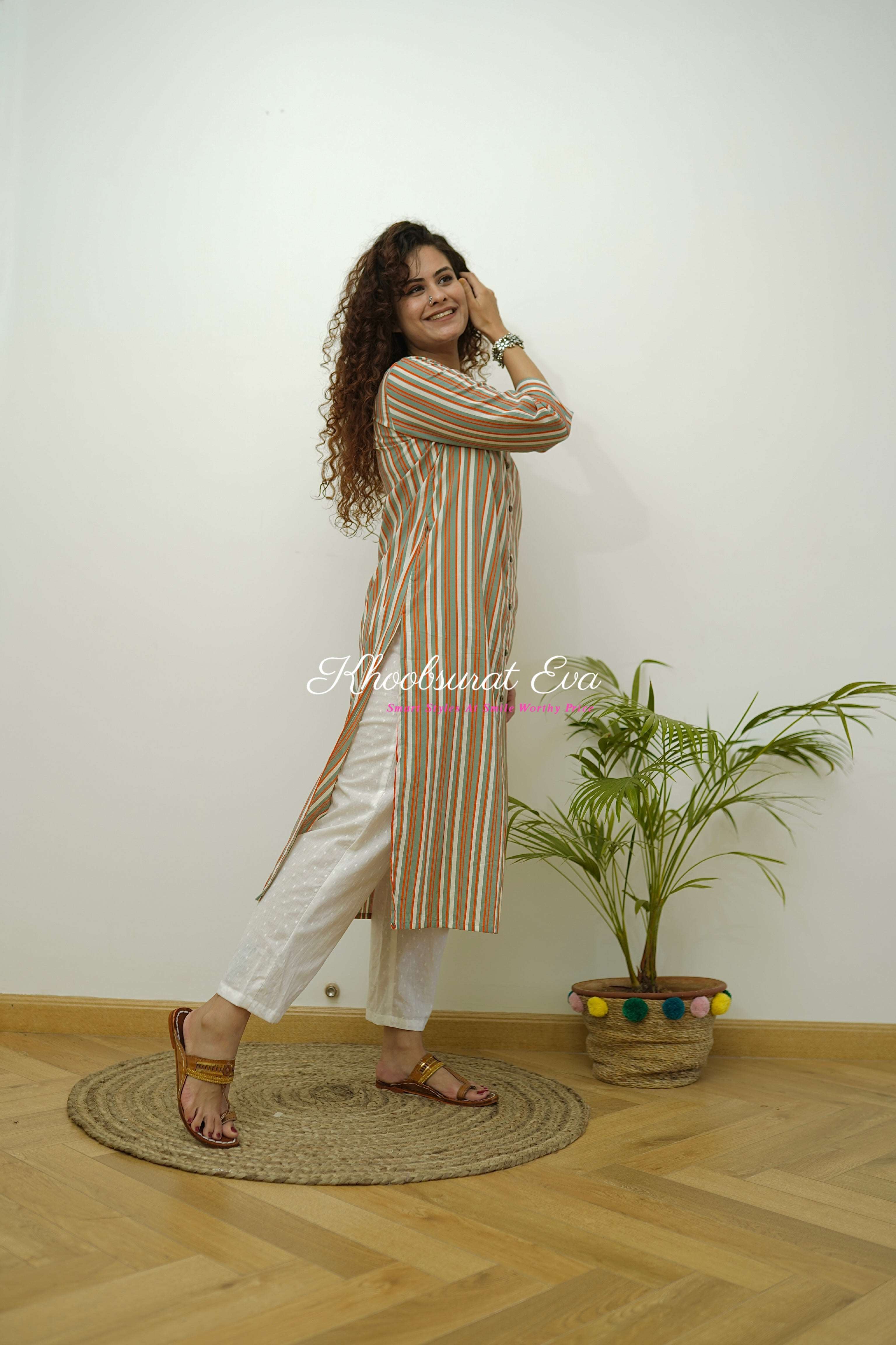 Beige Cotton Stripes Printed Straight Kurta for Women - Comfortable Casual Wear for Everyday & Festive Occasions