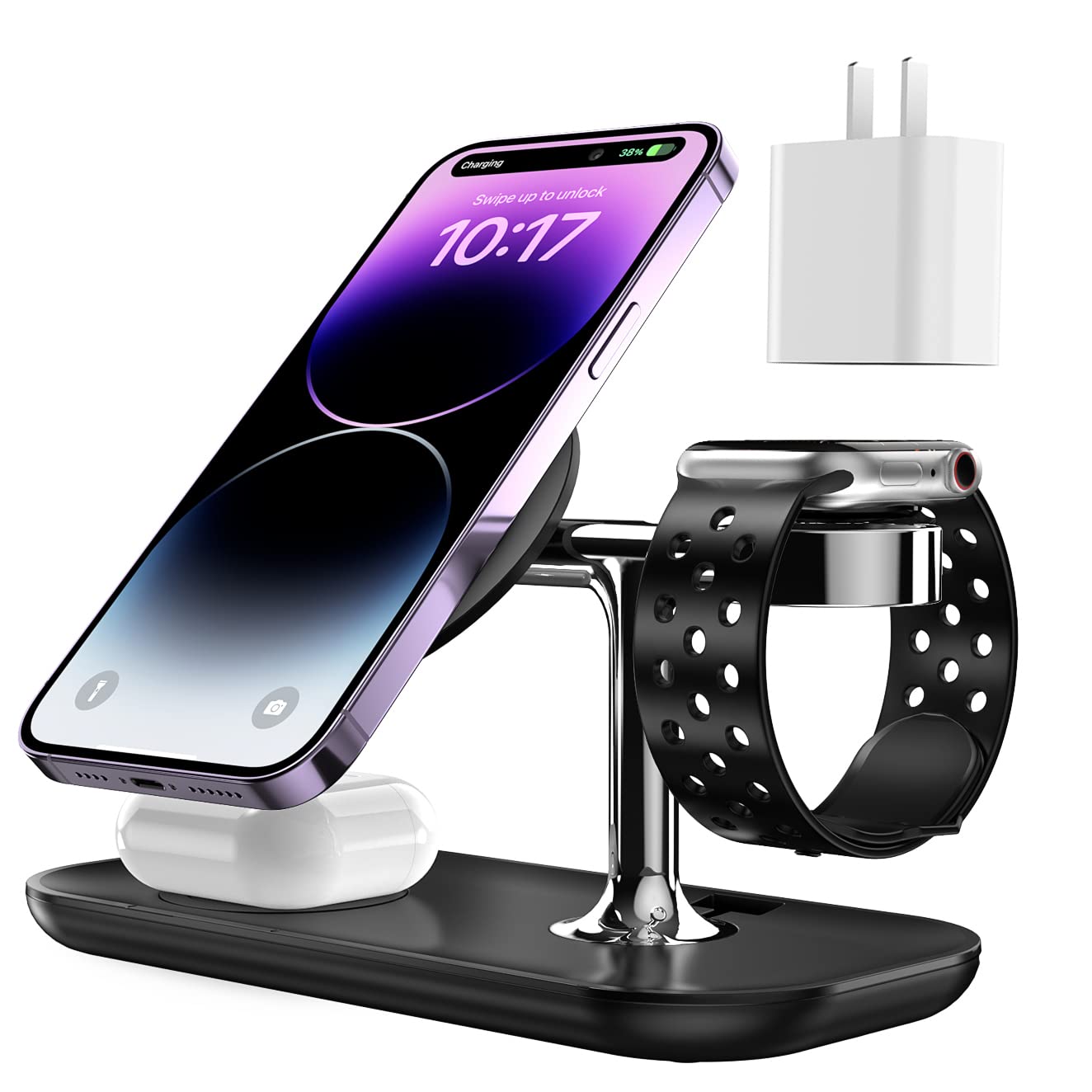 3-in-1 Magnetic Wireless Charging Station for iPhone 16/15/14/13/12, Apple Watch & AirPods Pro/4/3/2 - Fast Qi-Certified Charger with Magsafe Compatibility (Includes Cable & Wall Adapter) - Perfect for Home, Office & Travel Charging Needs