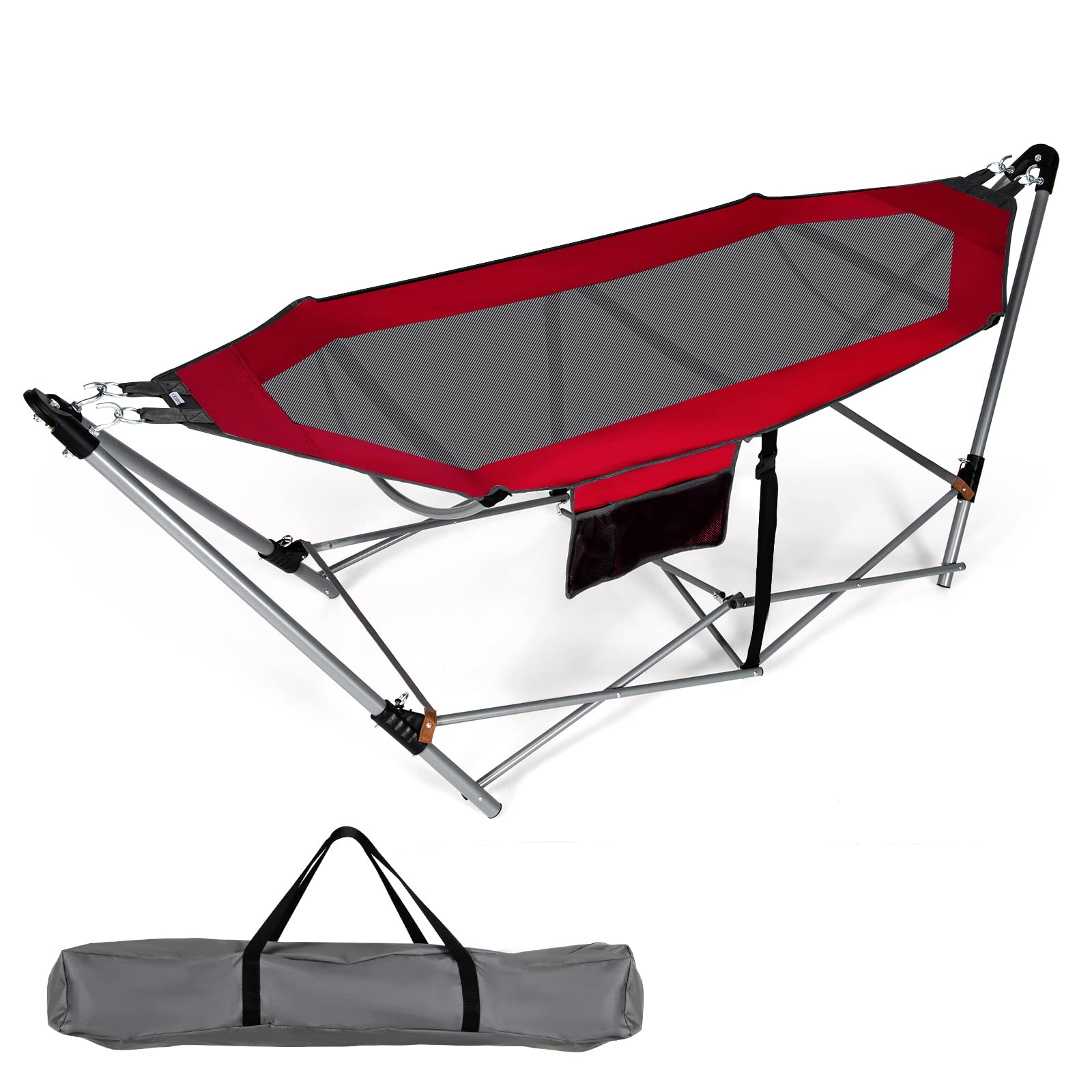 Giantex Portable Folding Hammock with Stand - Heavy Duty Camping Bed for Indoor & Outdoor Use, Patio, Yard, Beach - Includes Side Pocket & Anti-Tip Buckles, Sturdy Iron Frame (Red) - Perfect for Relaxing, Lounging, Camping Trips and Backyard Getaways