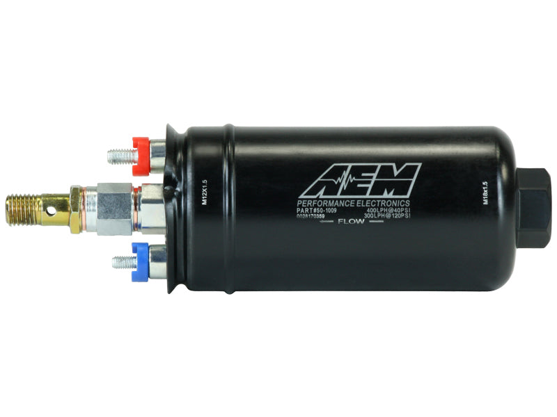 AEM 400LPH High Pressure Inline Fuel Pump - M18x1.5 Female Inlet to M12x1.5 Male Outlet - Performance Upgrade for Turbocharged & High HP Vehicles
