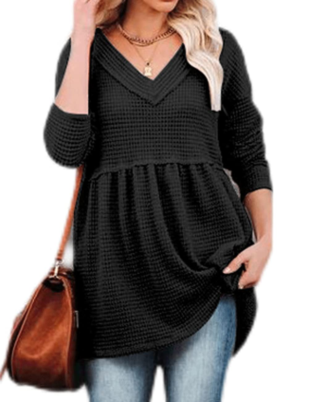 Women's V-Neck Waffle Knit Tunic Top - Long Sleeve Peplum Pullover Sweater - Casual Flowy Babydoll Swing Shirt for Work, Date Night & Everyday Wear