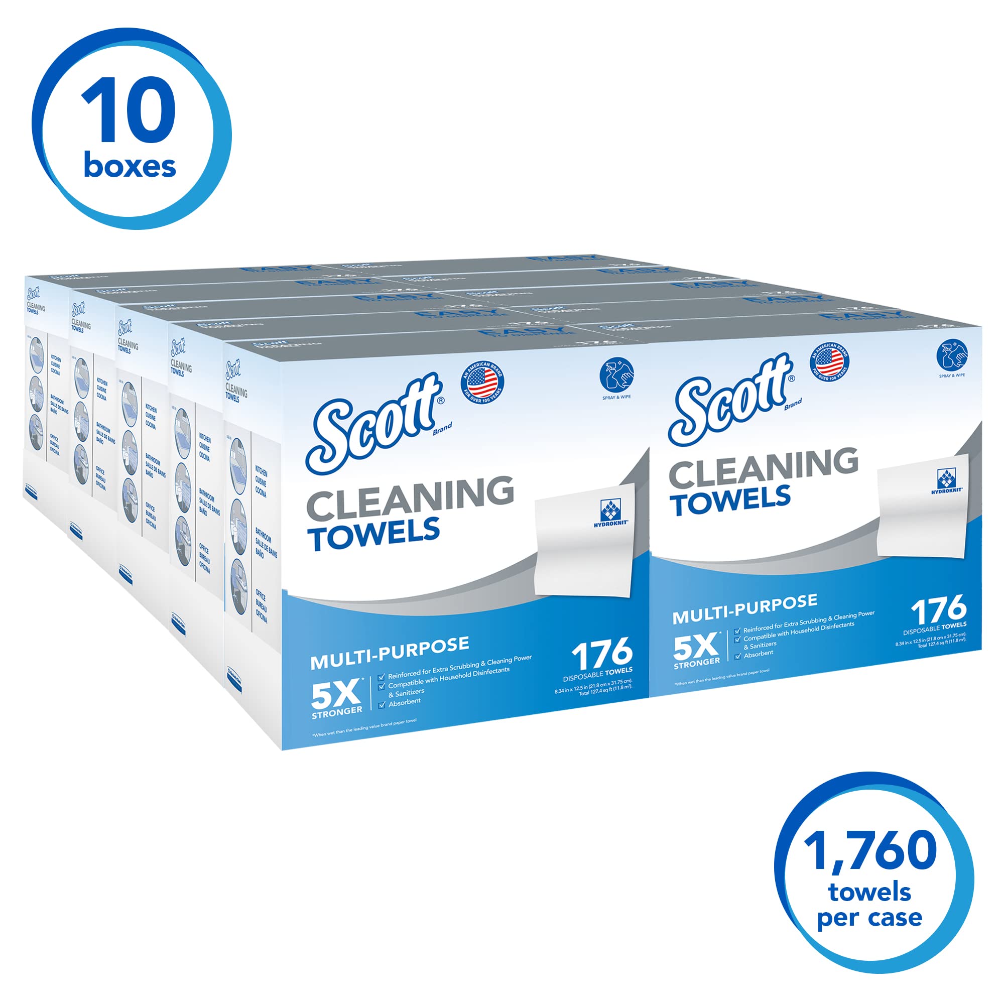 Scott Cleaning Towels (53892) - White, 176 Towels per Box, 10 Boxes per Case (1,760 Towels) - Bulk Disposable Towels for Commercial Cleaning, Janitorial Supplies, and Industrial Use