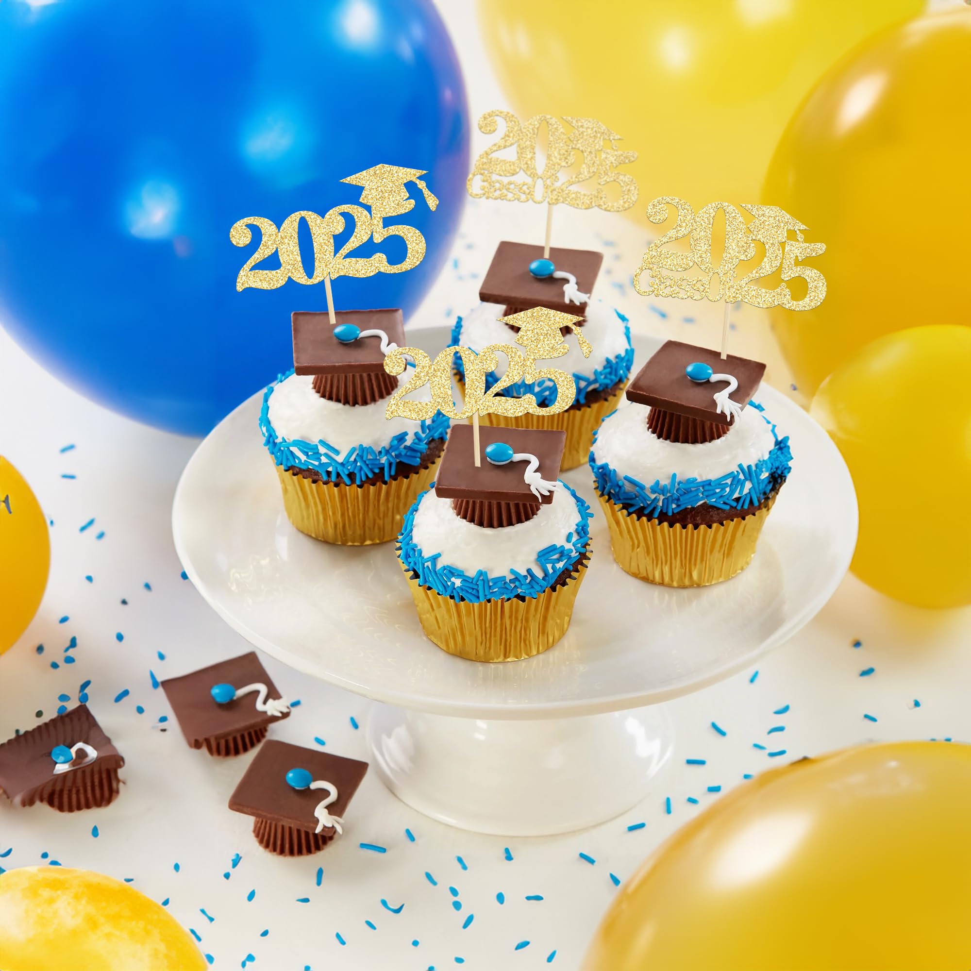 24Pcs Gold Glitter 2025 Graduation Cupcake Toppers - Class of 2025 Cake Decorations for Graduation Party Supplies | Perfect for High School & College Graduation Celebrations, Birthday Cakes, and Dessert Table Decor