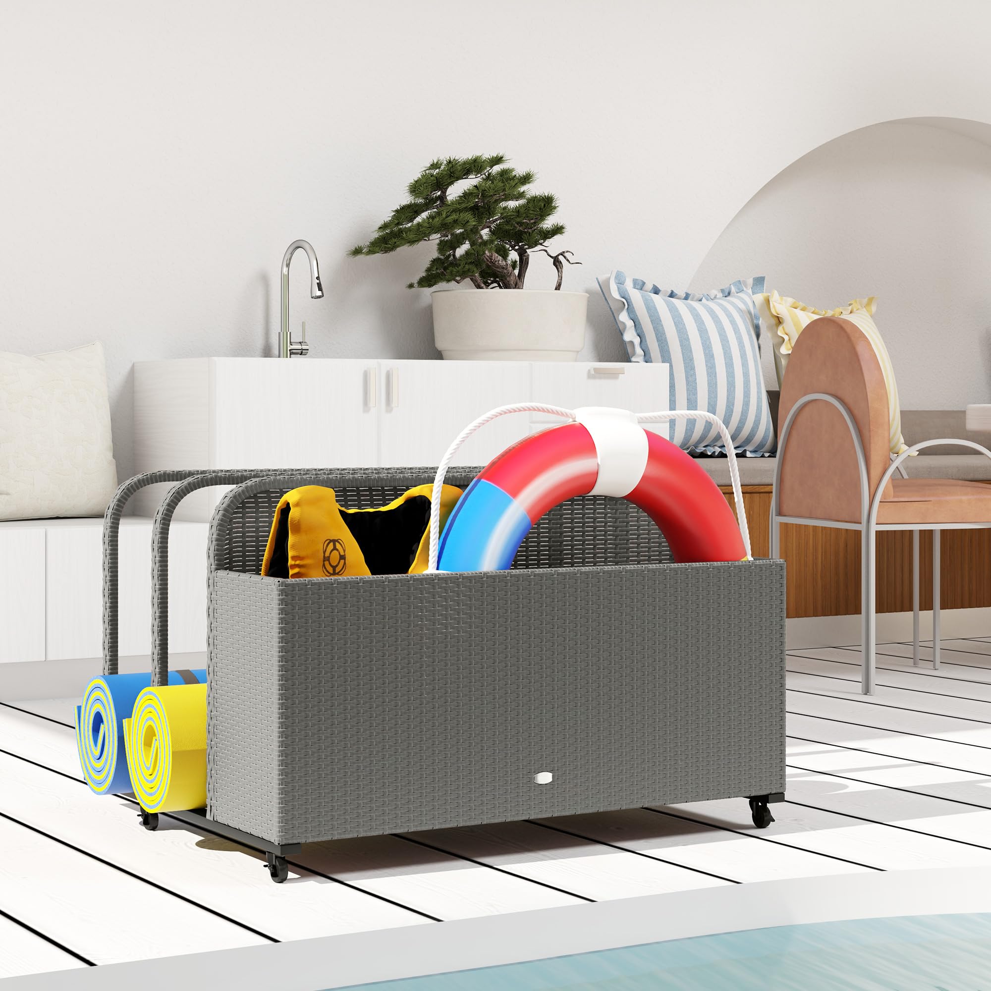 Outsunny PE Rattan Pool Float Storage Basket with Wheels - Outdoor Wicker Caddy Organizer for Pool Toys, Floaties, Noodles, Beach Balls & Life Vests - Durable Gray Patio Storage for Backyard, Poolside & Beach Use