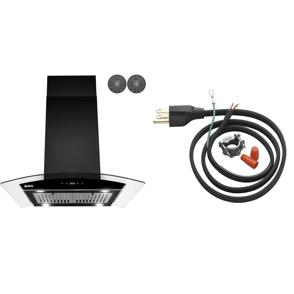 AKDY 30-Inch 343 CFM Convertible Under Cabinet & Island Mount Range Hood - Black Stainless Steel with Tempered Glass - Includes InSinkErator Garbage Disposal Power Cord Kit - Perfect for Modern Kitchens & Open-Concept Homes (CRD-00, Pack of 1)