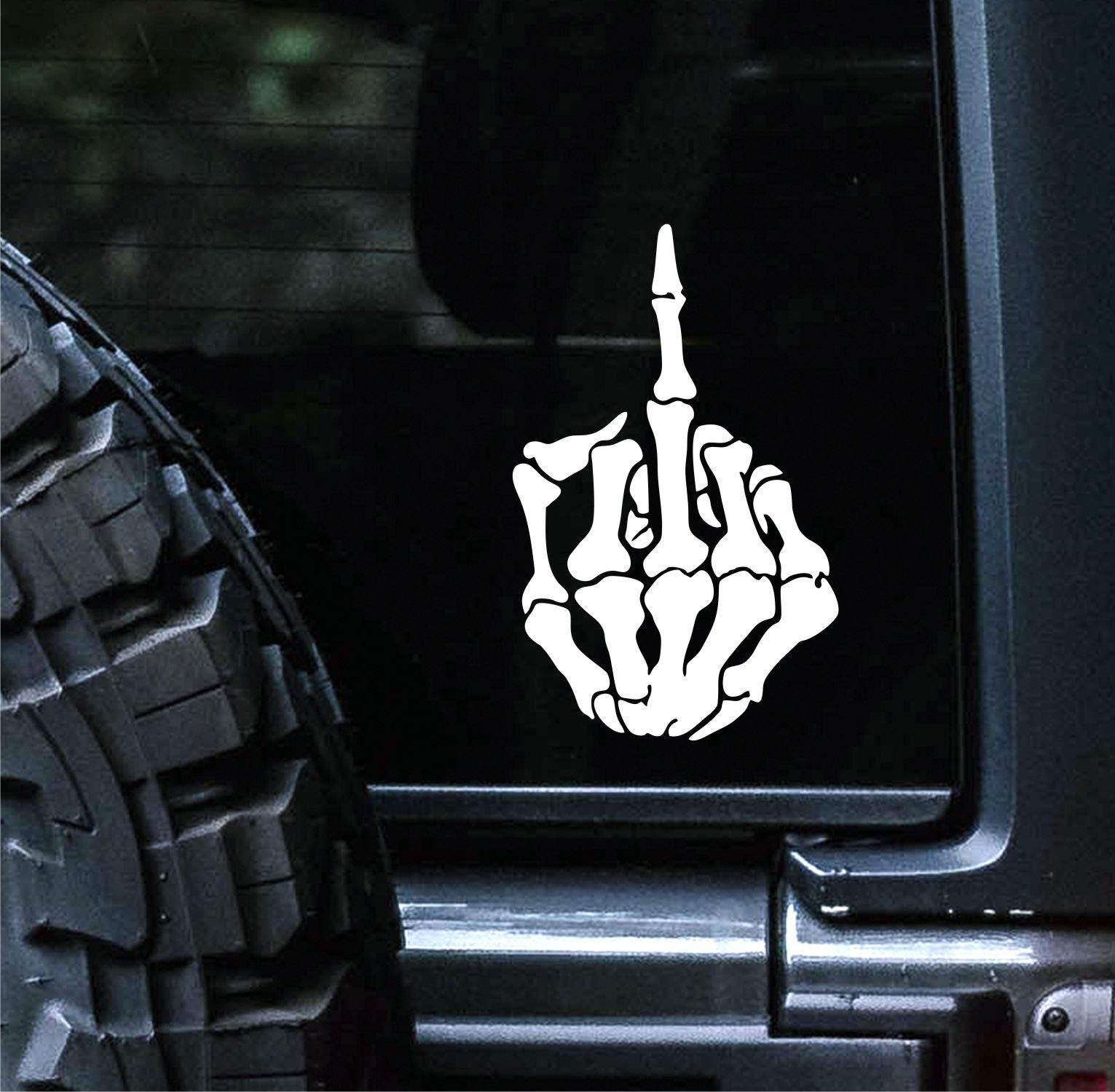 Skull Skeleton Bone Middle Finger Car Decal Sticker - 6 Inch White Vinyl Graphic for Cars, Trucks, Vans, Walls & Laptops - Funny Offensive Automotive Accessories - Perfect for Prank Gifts & Rebel Style Customization