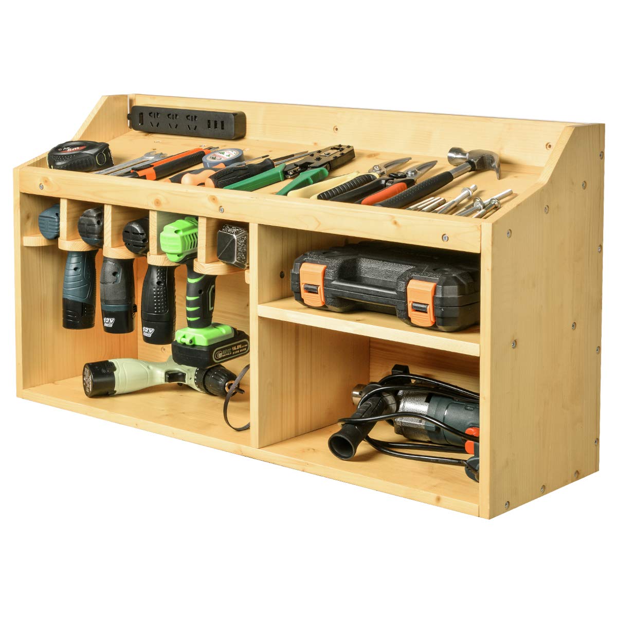 Heavy Duty Power Tool Storage Organizer Cabinet with 5 Drill Hanging Slots - Wall Mounted Charging Station for Impact Driver, Circular Saw, Wrench & Screwdrivers | Workshop & Garage Tool Organization Solution
